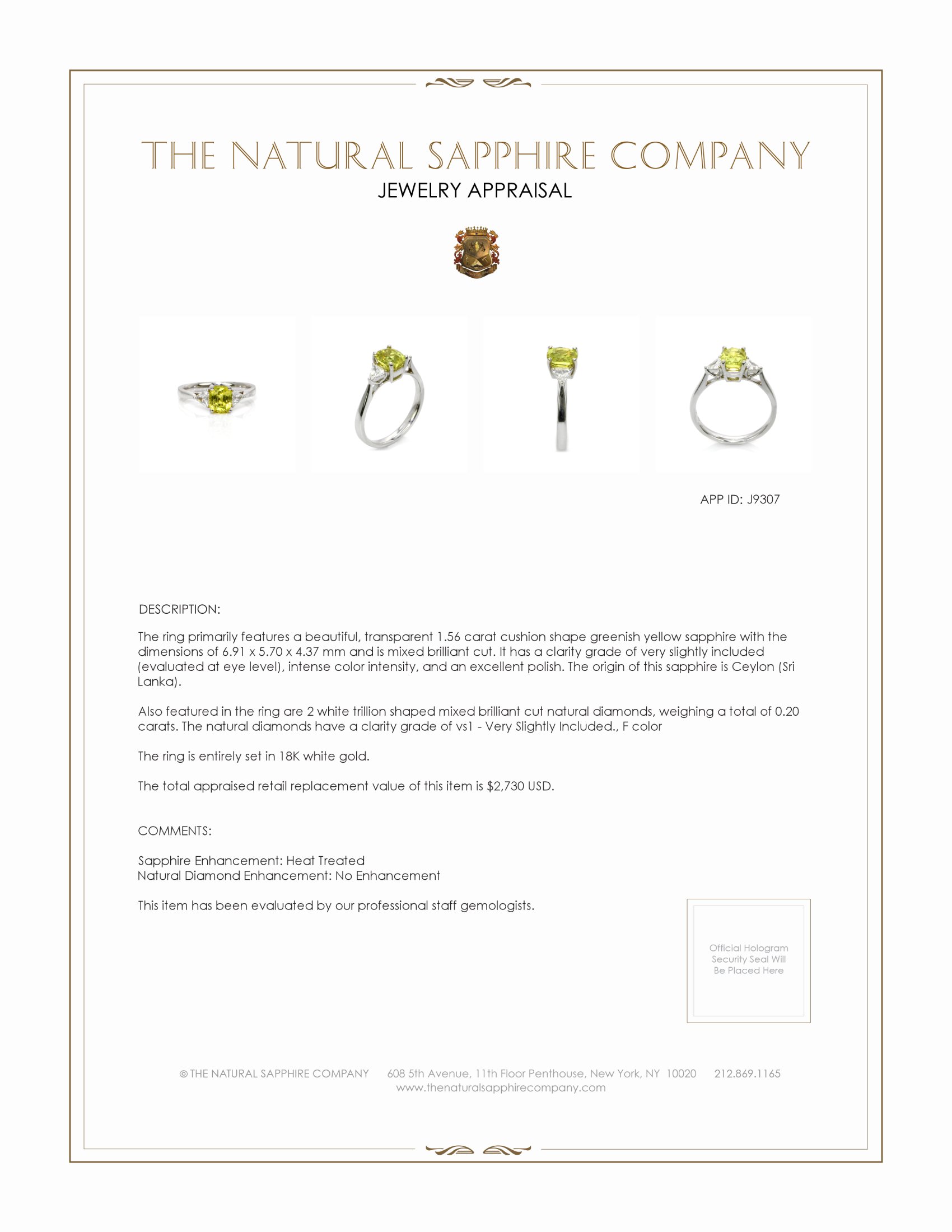 1.56 Ct. Greenish Yellow Sapphire and Natural Diamond Three Stone Ring, 18K White Gold