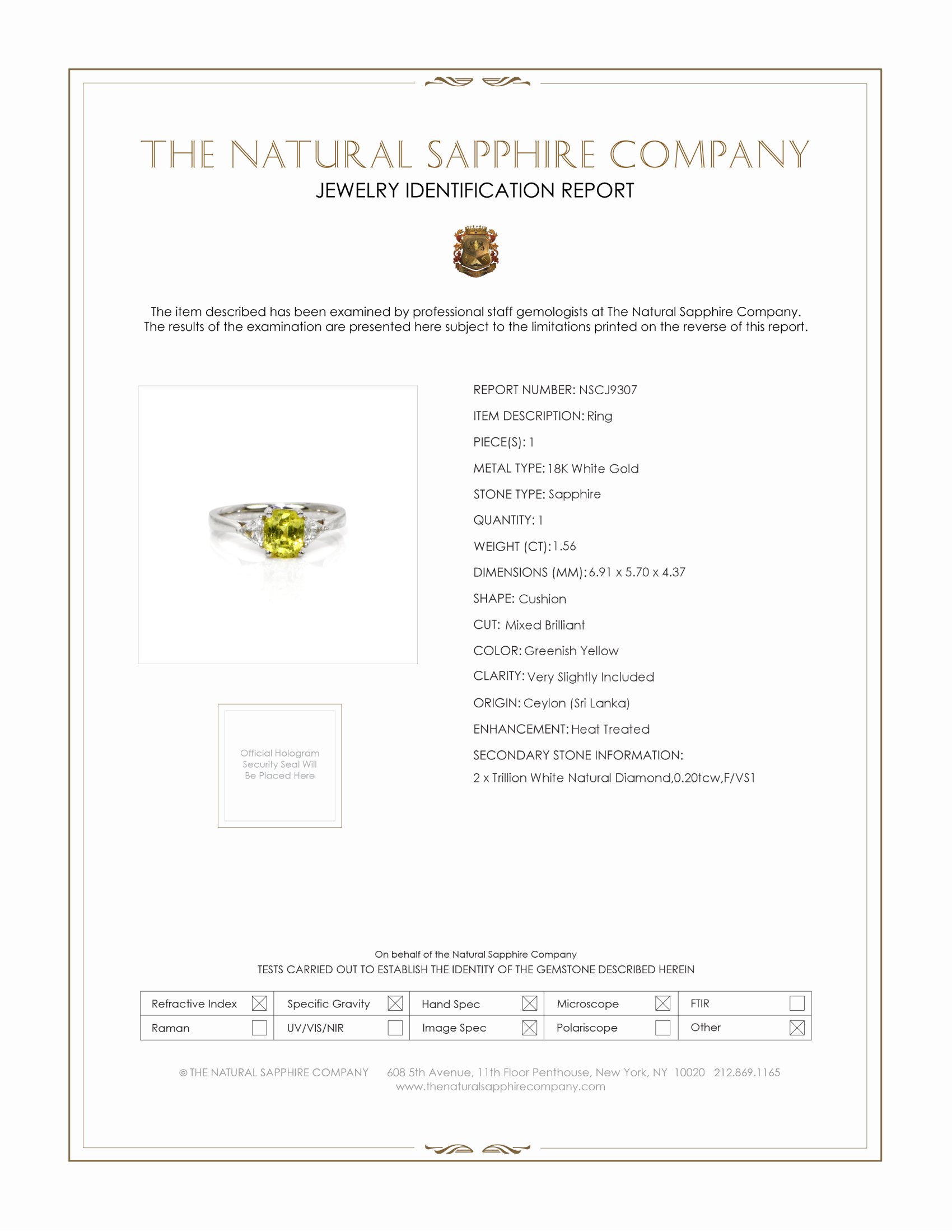 1.56 Ct. Greenish Yellow Sapphire and Natural Diamond Three Stone Ring, 18K White Gold