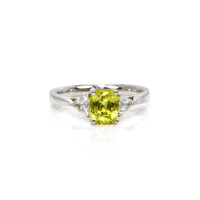 1.56 Ct. Greenish Yellow Sapphire and Natural Diamond Three Stone Ring, 18K White Gold Video
