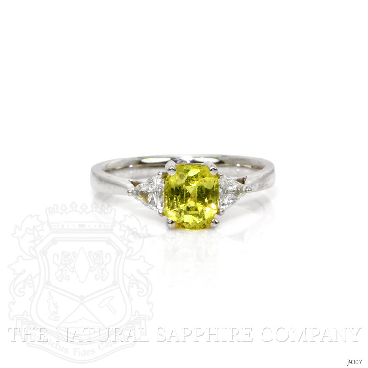 1.56 Ct. Greenish Yellow Sapphire and Natural Diamond Three Stone Ring, 18K White Gold