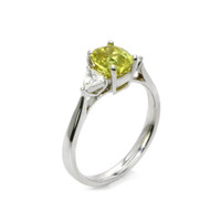 1.56 Ct. Greenish Yellow Sapphire and Natural Diamond Three Stone Ring, 18K White Gold Image