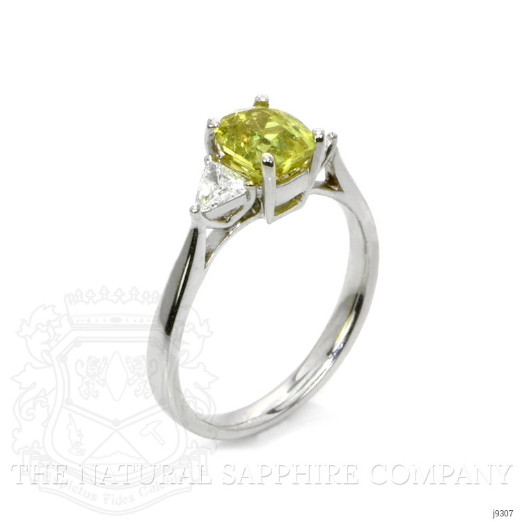 1.56 Ct. Greenish Yellow Sapphire and Natural Diamond Three Stone Ring, 18K White Gold