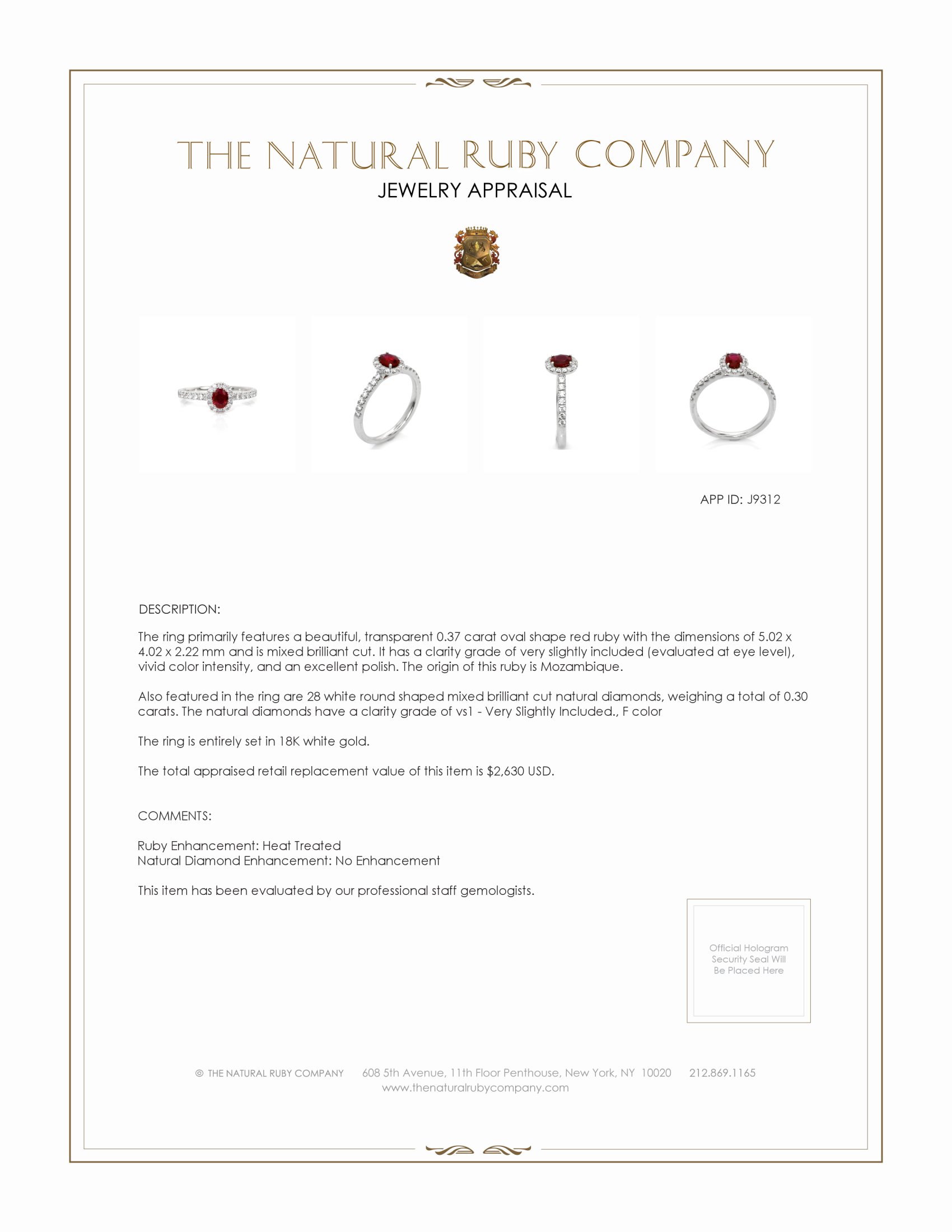 0.37 Ct. Ruby and Natural Diamond Pave Ring, 18K White Gold