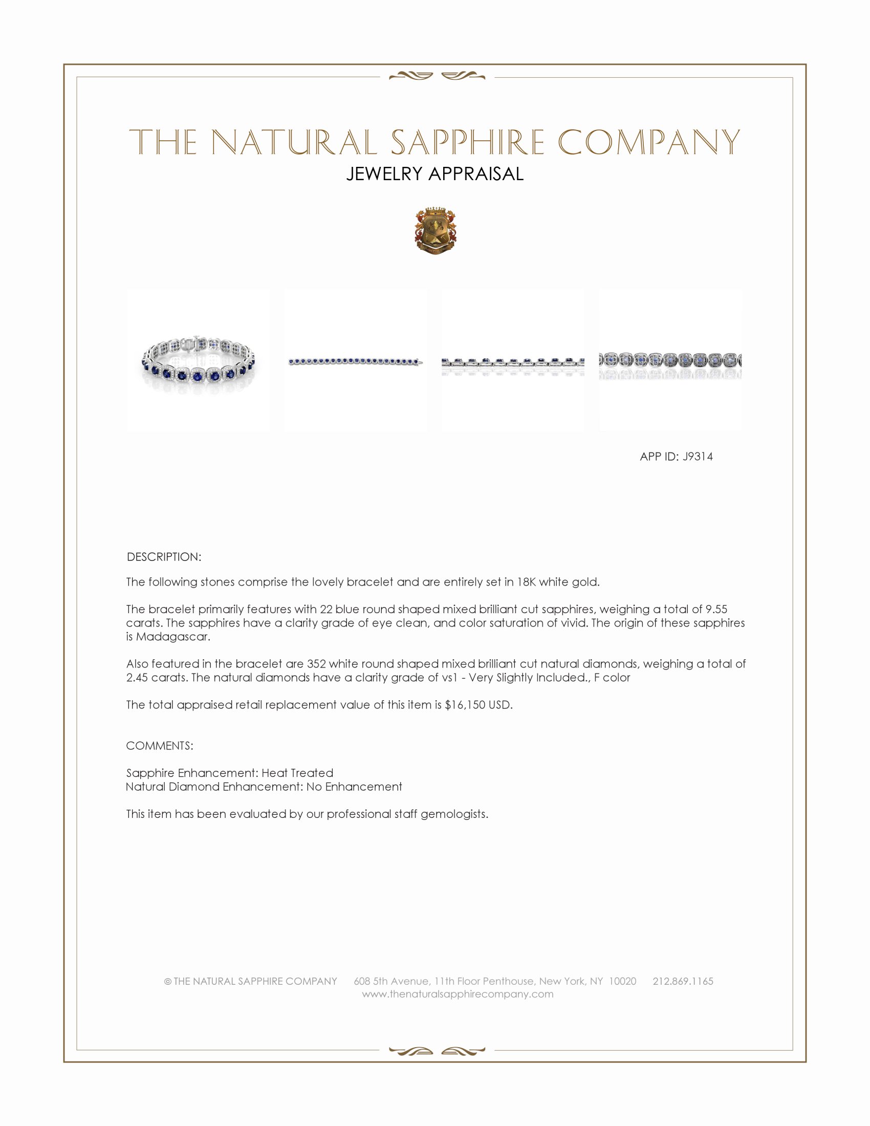 9.55 Ct.Tw. Blue Sapphire and Natural Diamond Tennis/Line Bracelet, 18K White Gold