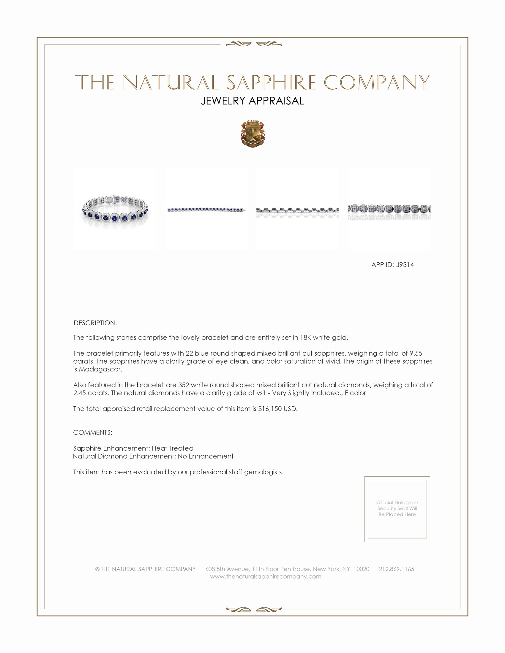 9.55 Ct.Tw. Blue Sapphire and Natural Diamond Tennis/Line Bracelet, 18K White Gold