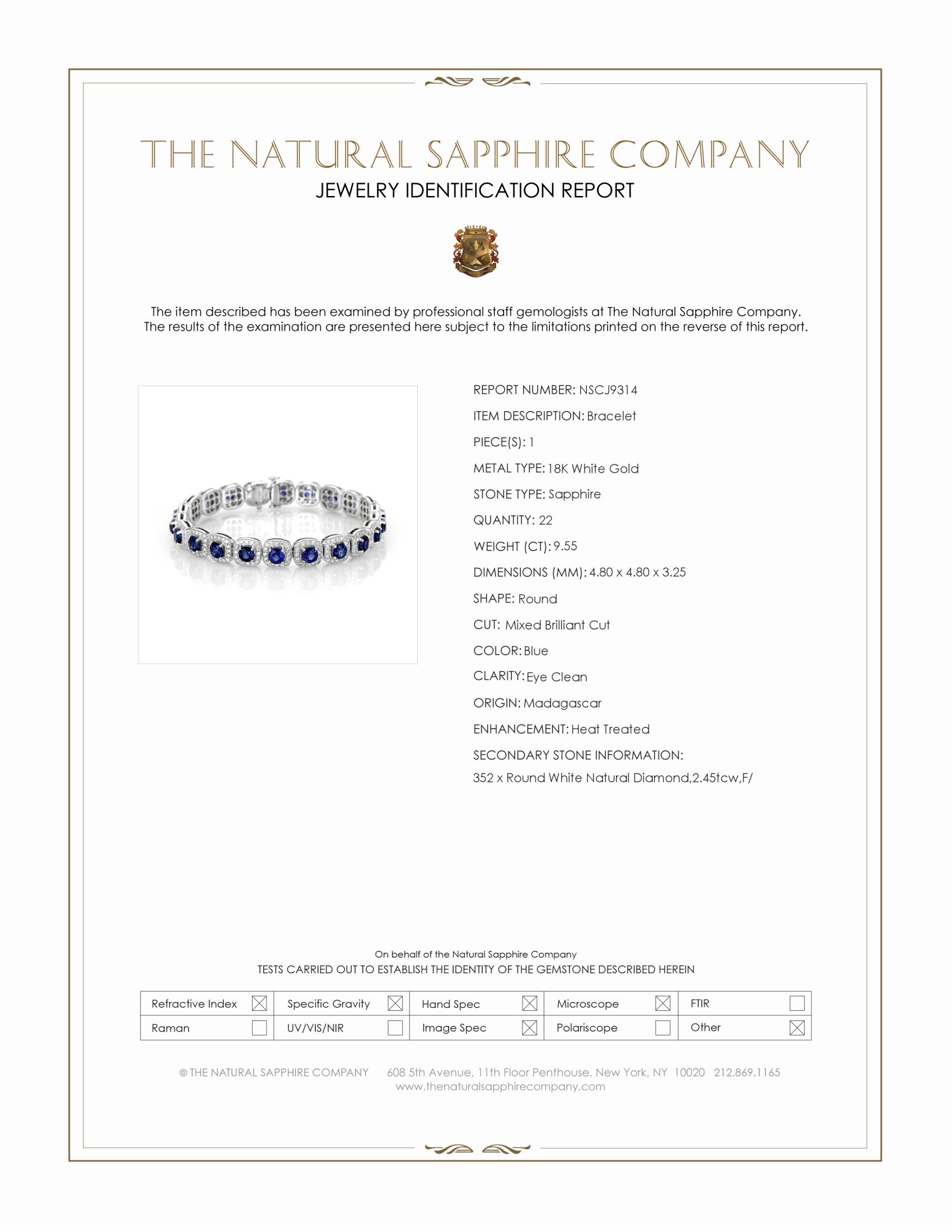 9.55 Ct.Tw. Blue Sapphire and Natural Diamond Tennis/Line Bracelet, 18K White Gold