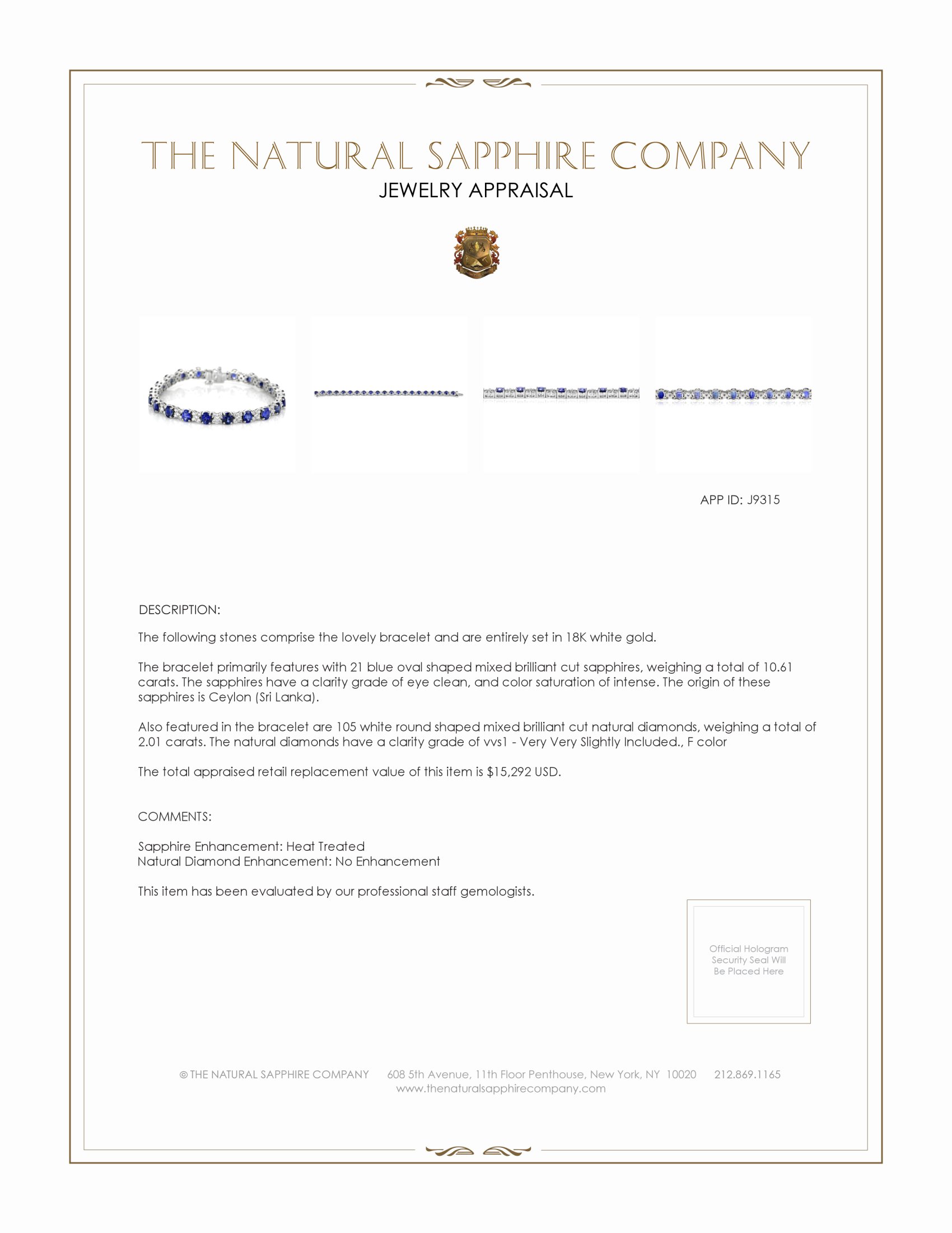 10.61 Ct.Tw. Blue Sapphire and Natural Diamond Tennis/Line Bracelet, 18K White Gold