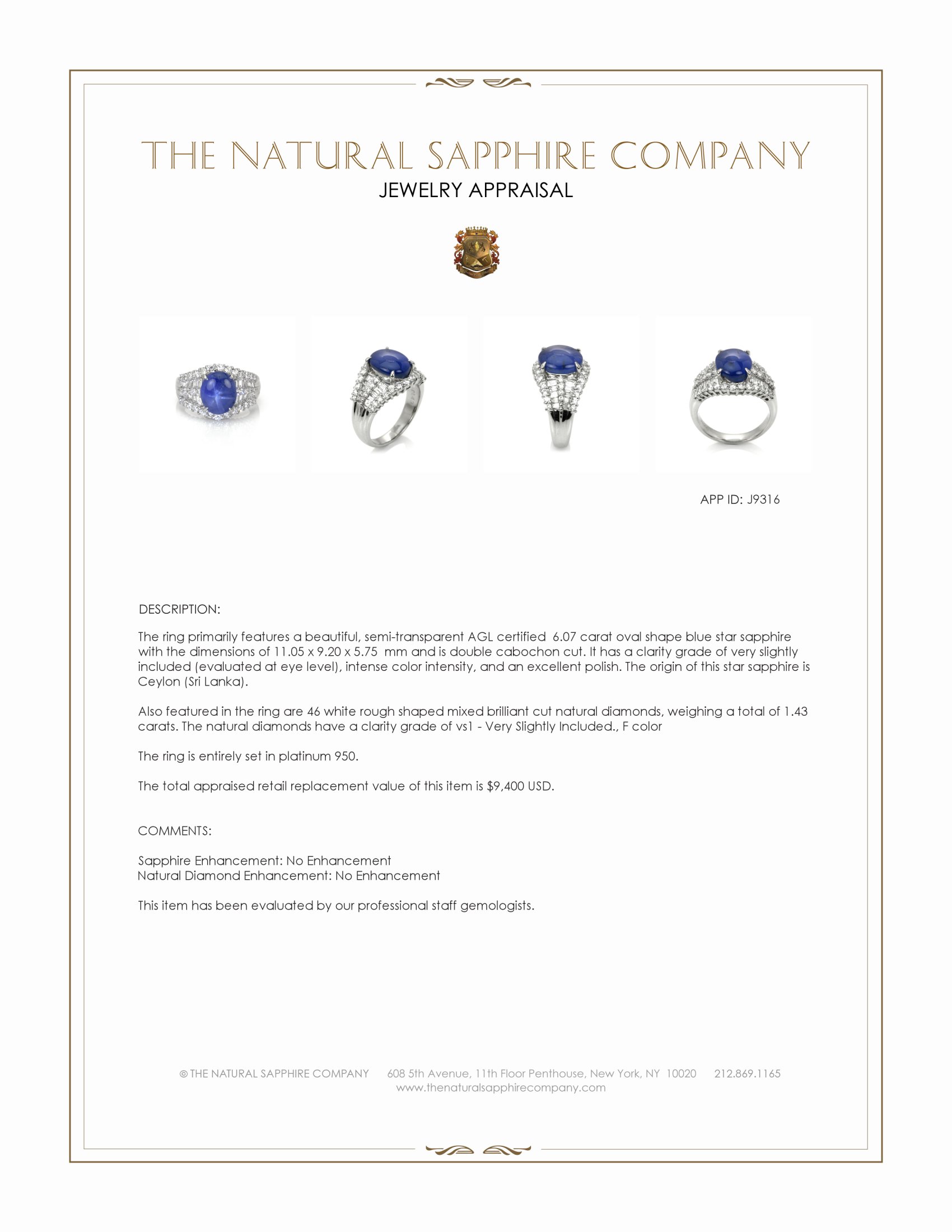 6.07 Ct. Blue Sapphire and Natural Diamond Antique Style Ring, Platinum 950