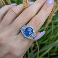 6.07 Ct. Blue Sapphire and Natural Diamond Antique Style Ring, Platinum 950 Life Style
