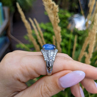6.07 Ct. Blue Sapphire and Natural Diamond Antique Style Ring, Platinum 950 Life Style