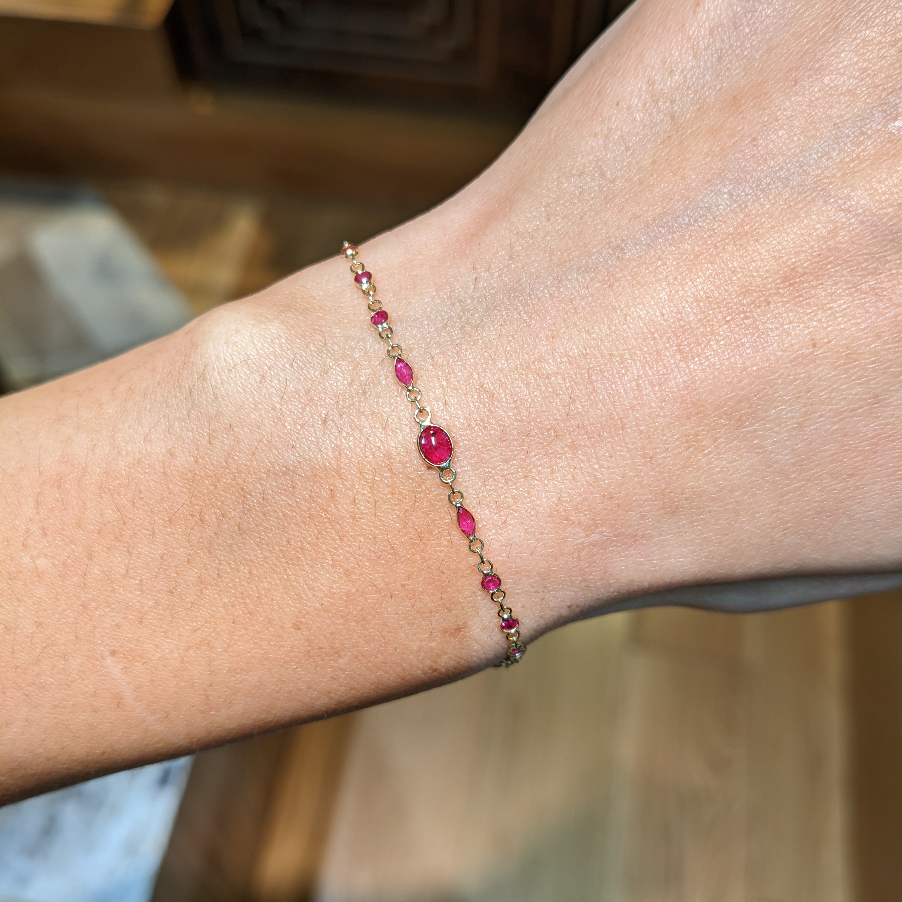 Pinkish Red Ruby Accent Stones Bracelet - Oval 1.78 Ct. - 18K