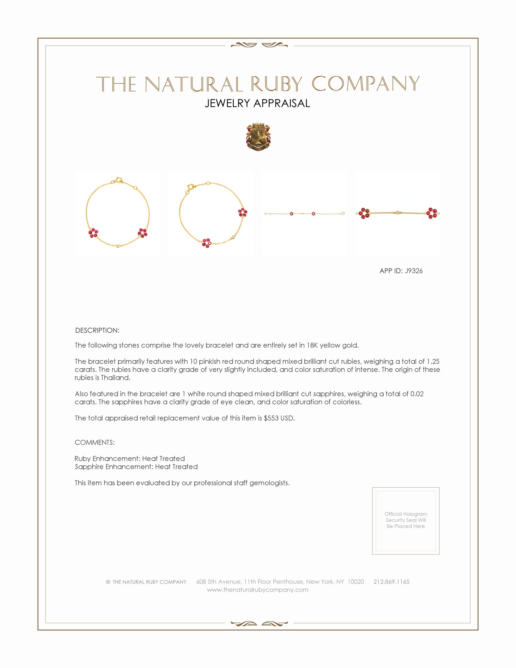 1.25 Ct.Tw. Pinkish Red Ruby and White Sapphire Accent Stones Bracelet, 18K Yellow Gold