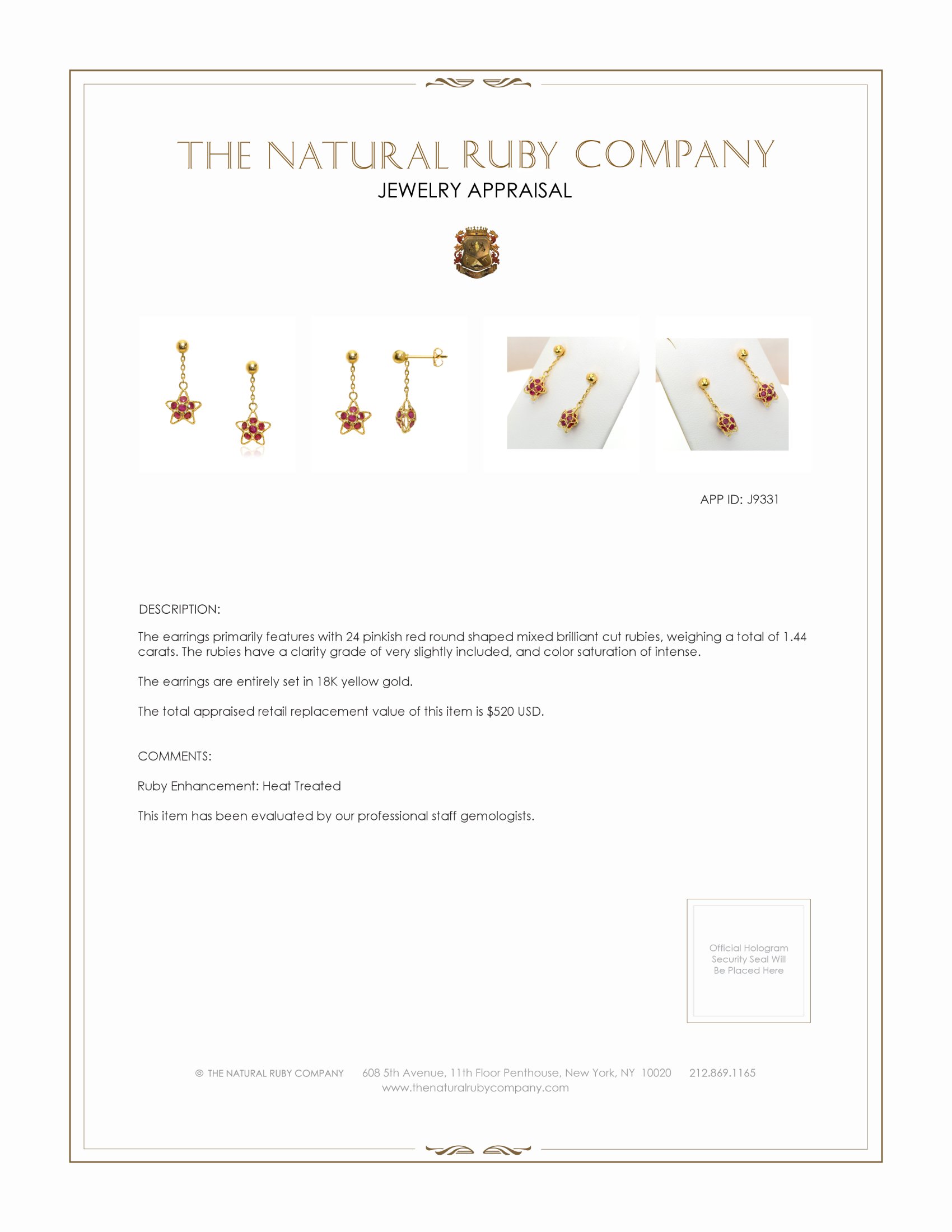 1.44 Ct.Tw. Pinkish Red Ruby Drops Earrings, 18K Yellow Gold