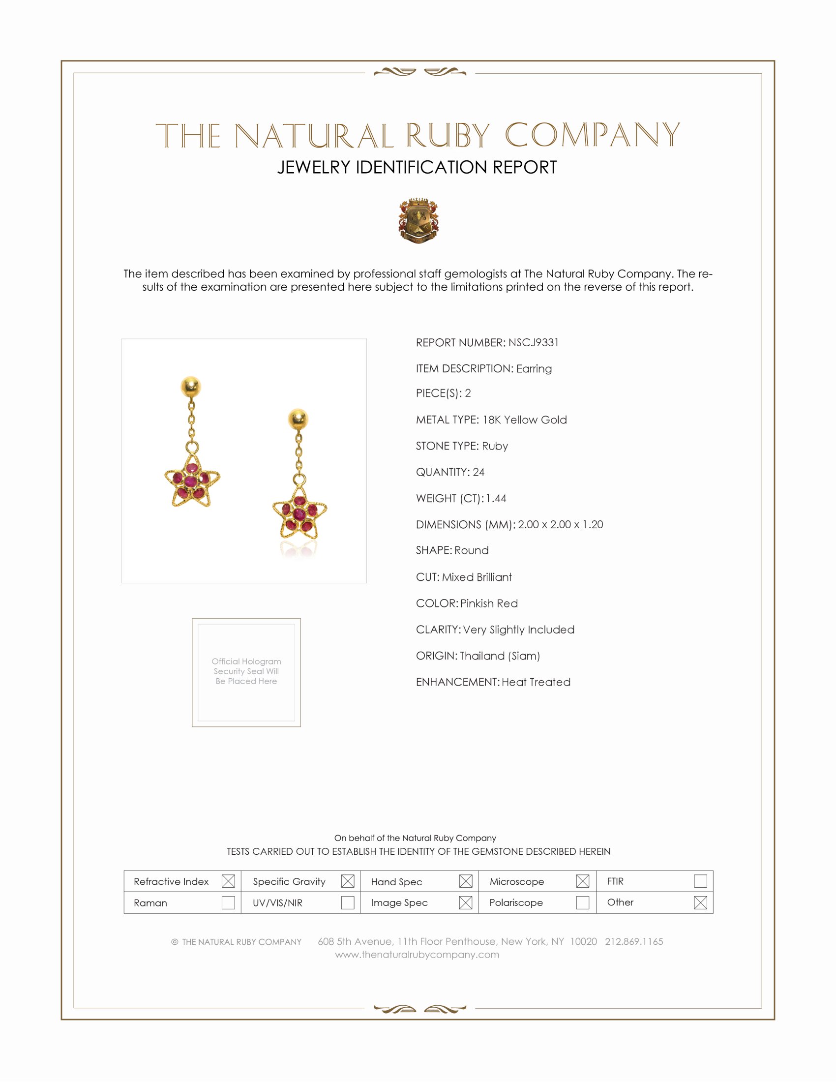 1.44 Ct.Tw. Pinkish Red Ruby Drops Earrings, 18K Yellow Gold