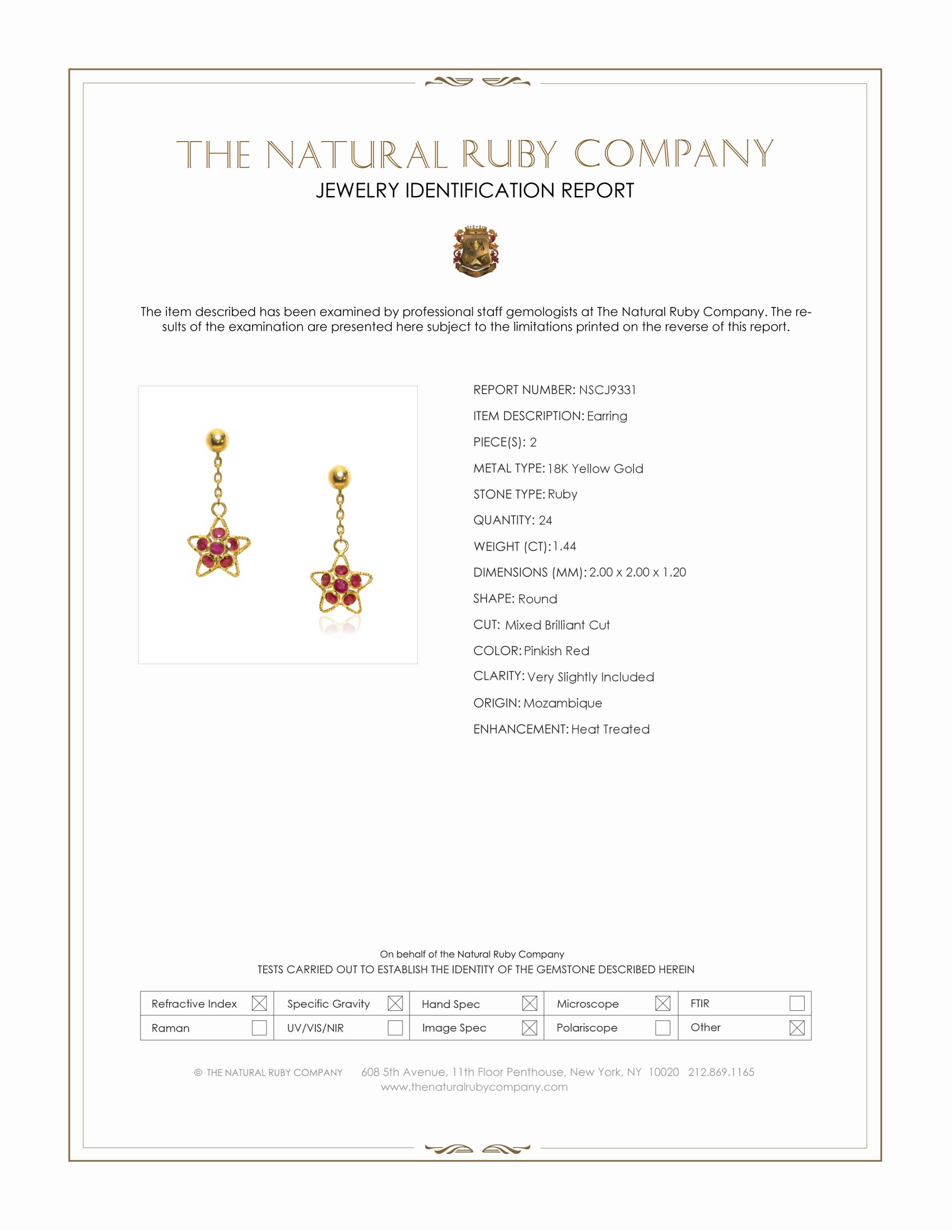 1.44 Ct.Tw. Pinkish Red Ruby Drops Earrings, 18K Yellow Gold