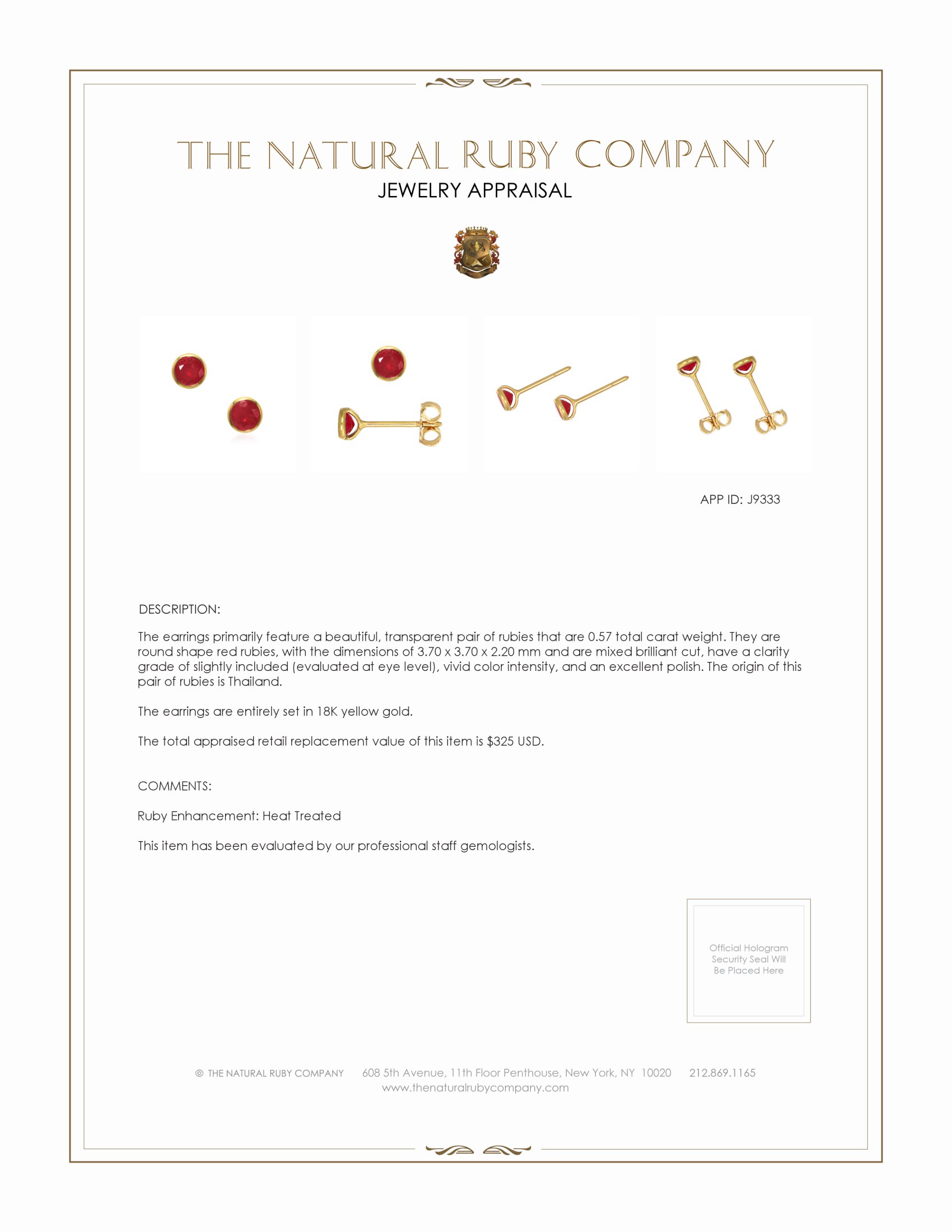 0.57 Ct.Tw. Ruby Studs Earrings, 18K Yellow Gold