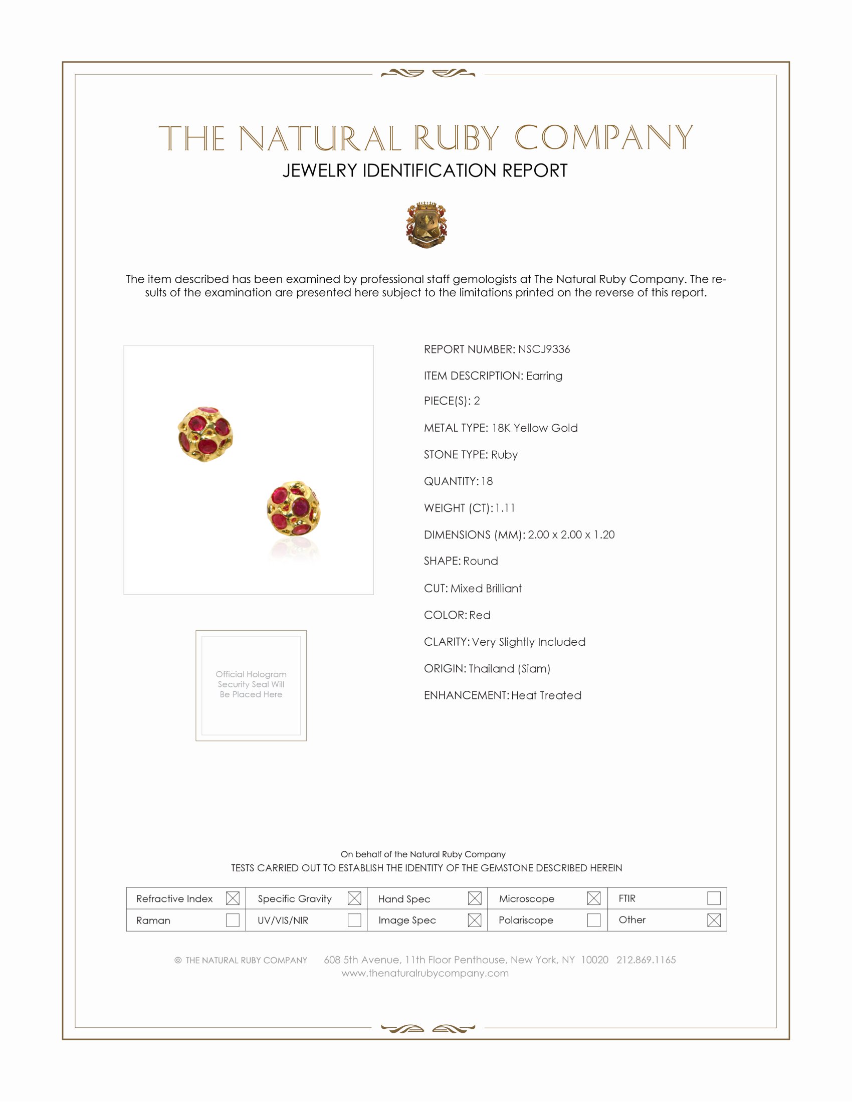 1.11 Ct.Tw. Ruby Studs Earrings, 18K Yellow Gold