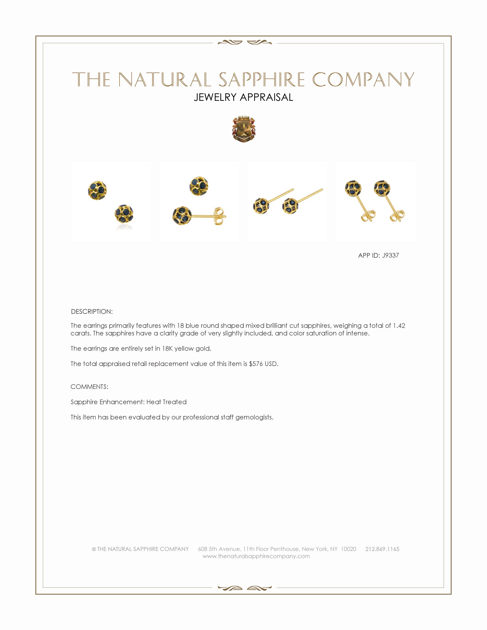 1.42 Ct.Tw. Blue Sapphire Studs Earrings, 18K Yellow Gold