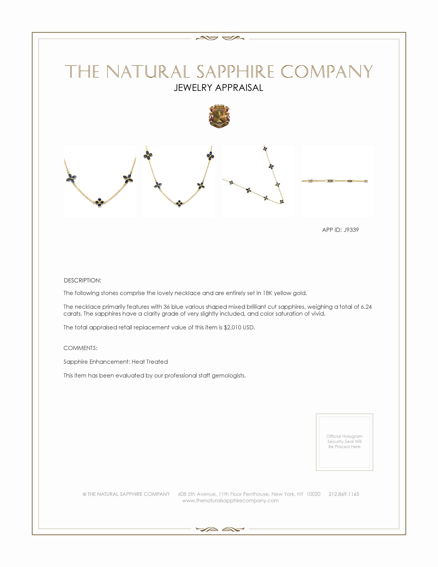 6.24 Ct. Blue Sapphire Antique Style Necklace, 18K Yellow Gold