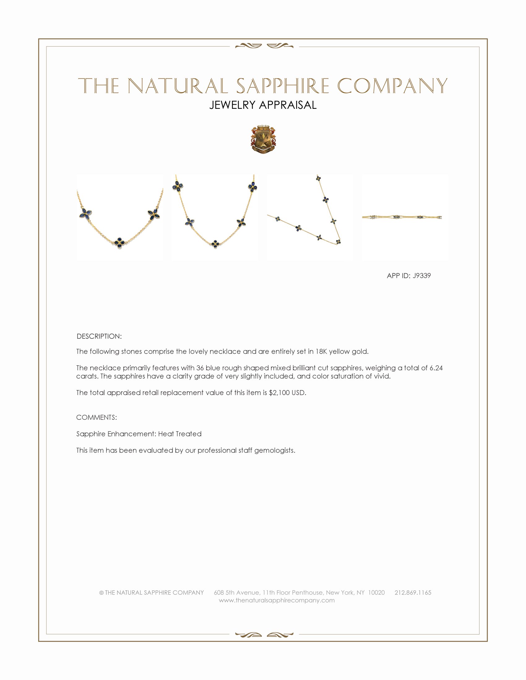 6.24 Ct. Blue Sapphire Antique Style Necklace, 18K Yellow Gold