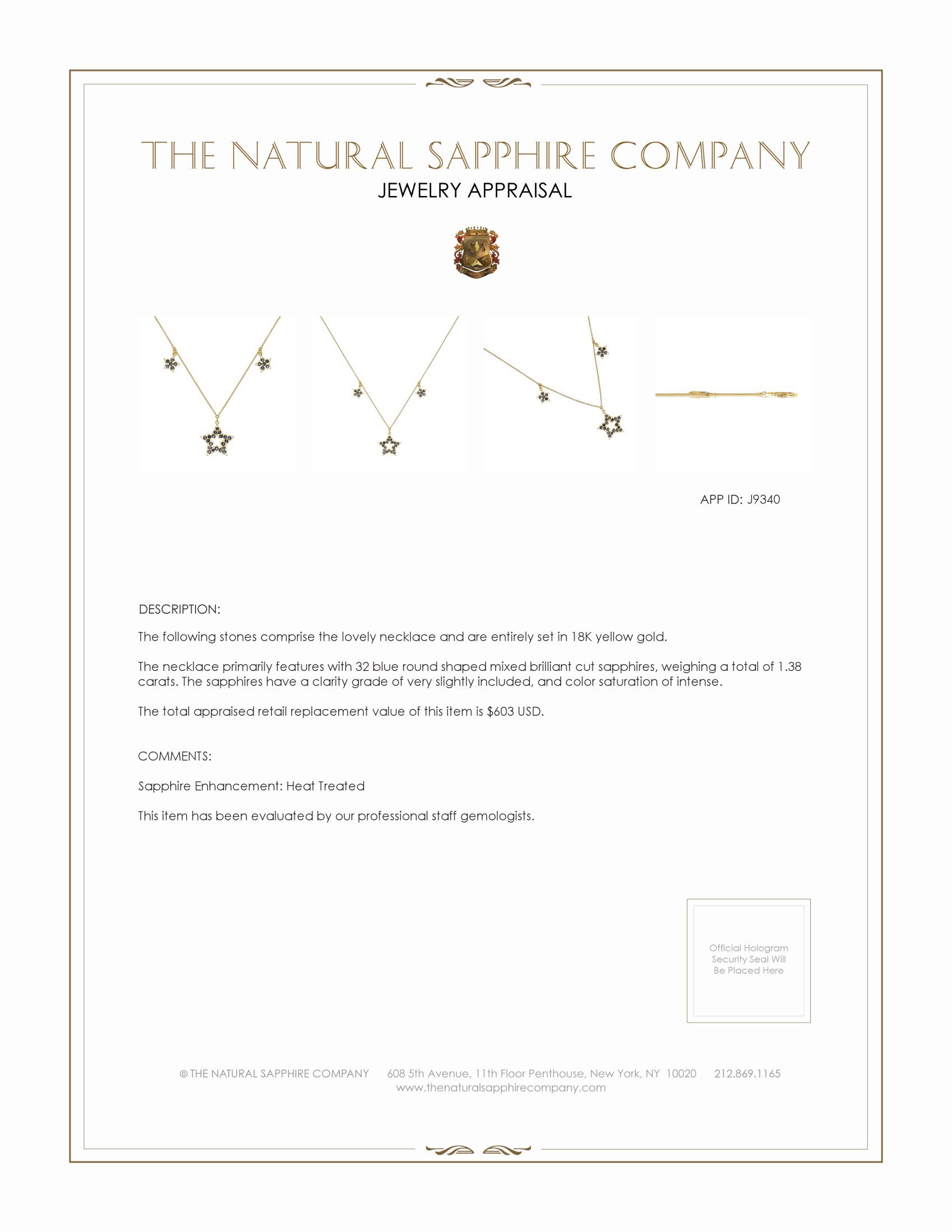 1.38 Ct. Blue Sapphire Antique Style Necklace, 18K Yellow Gold