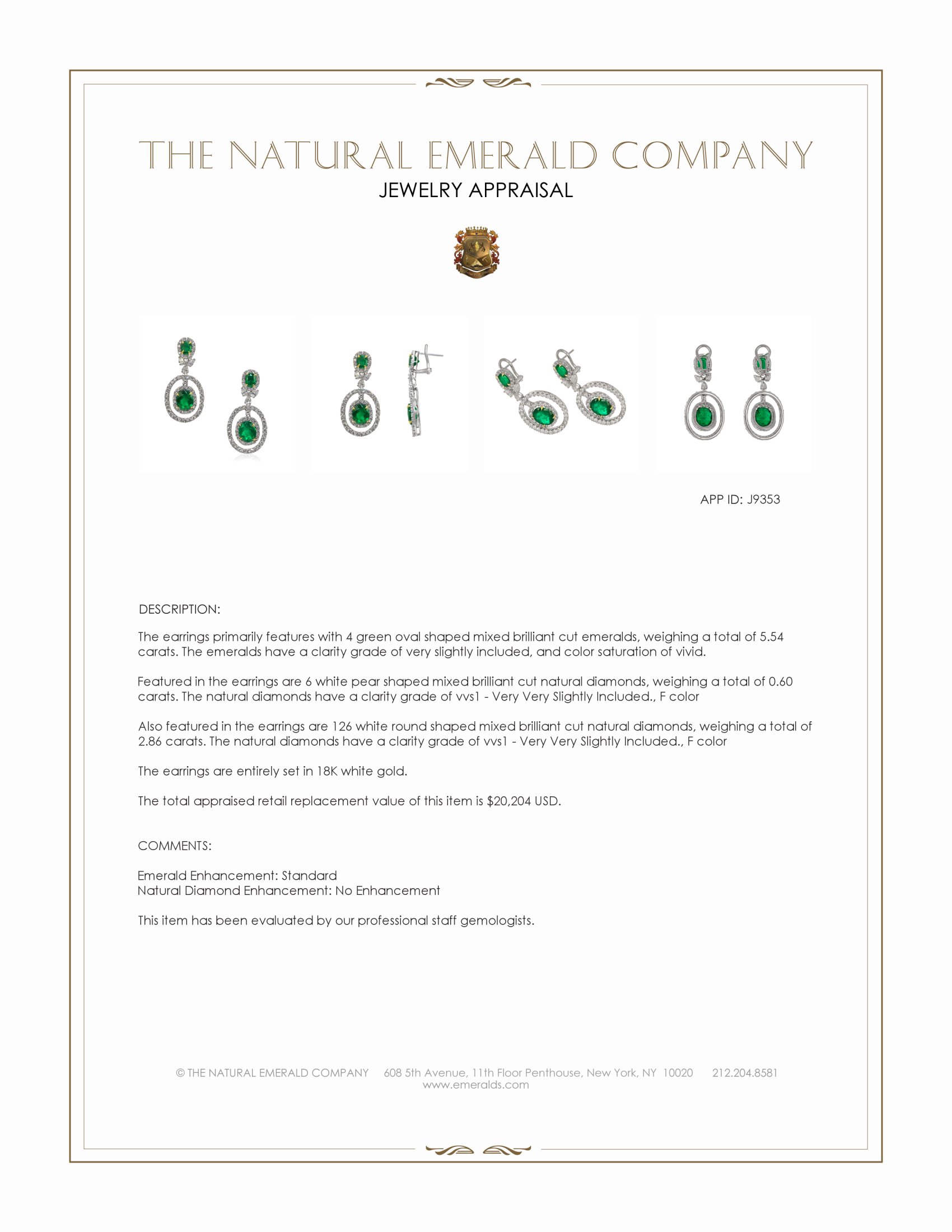 5.54 Ct.Tw. Emerald and Natural Diamond Pave Earrings, 18K White Gold