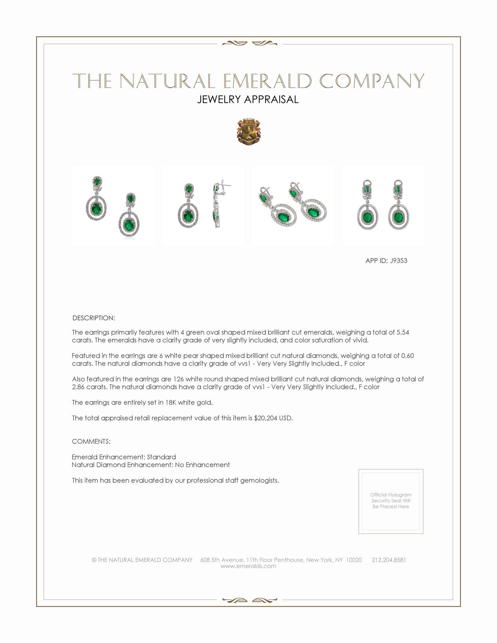 5.54 Ct.Tw. Emerald Natural Diamond Pave Earrings, 18K White Gold