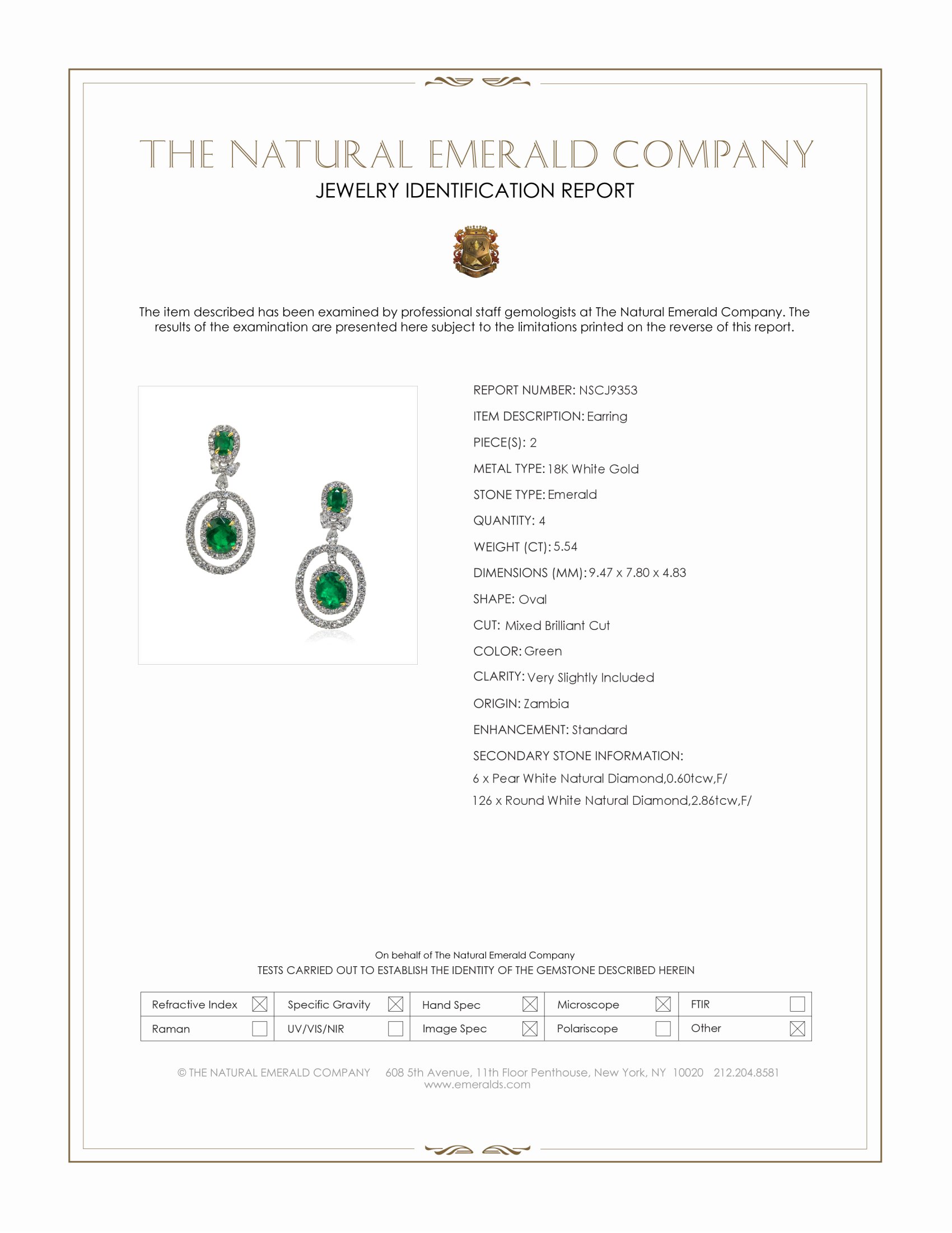 5.54 Ct.Tw. Emerald and Natural Diamond Pave Earrings, 18K White Gold