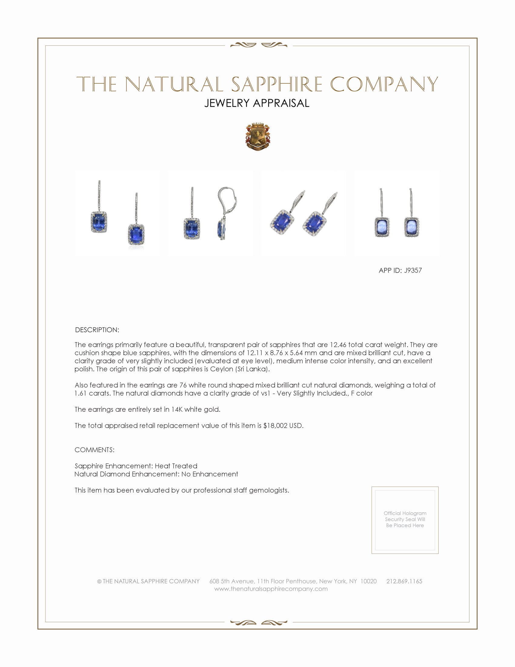 12.46 Ct.Tw. Blue Sapphire and Natural Diamond Pave Earrings, 14K White Gold