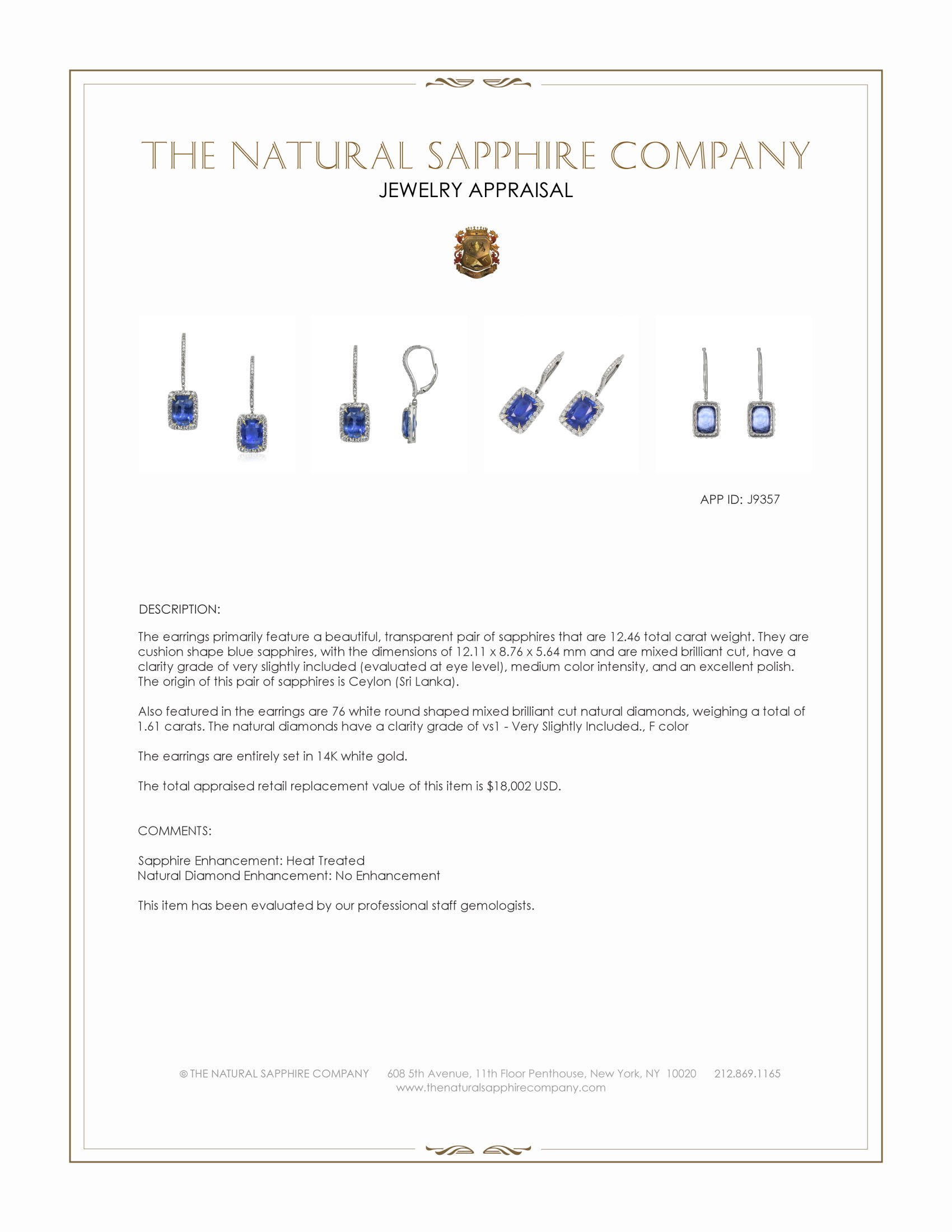 12.46 Ct.Tw. Blue Sapphire and Natural Diamond Pave Earrings, 14K White Gold