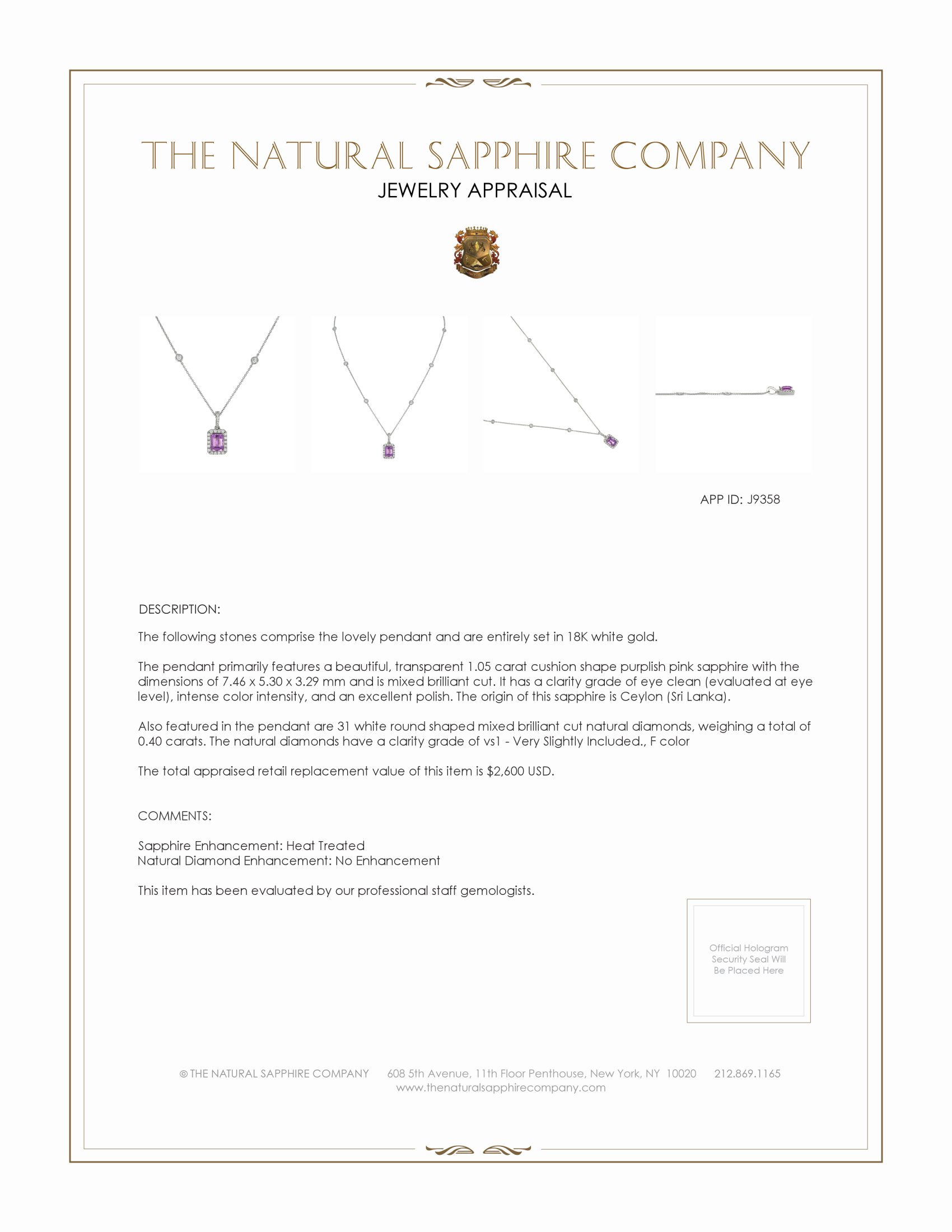 1.05 Ct. Purplish Pink Sapphire and Natural Diamond Pave Pendant, 18K White Gold