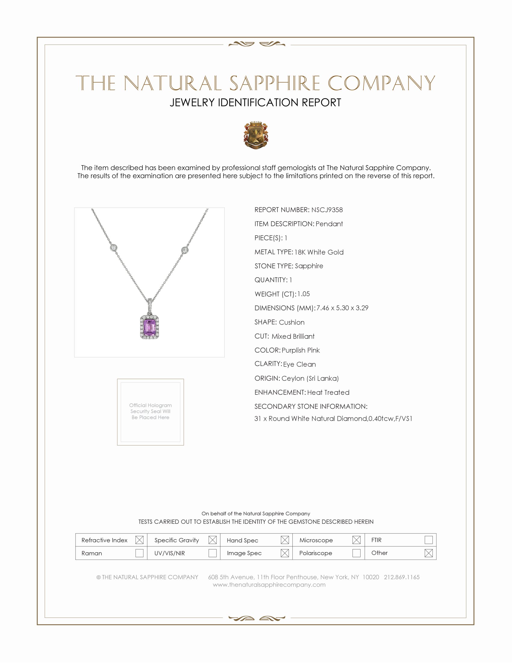 1.05 Ct. Purplish Pink Sapphire and Natural Diamond Pave Pendant, 18K White Gold