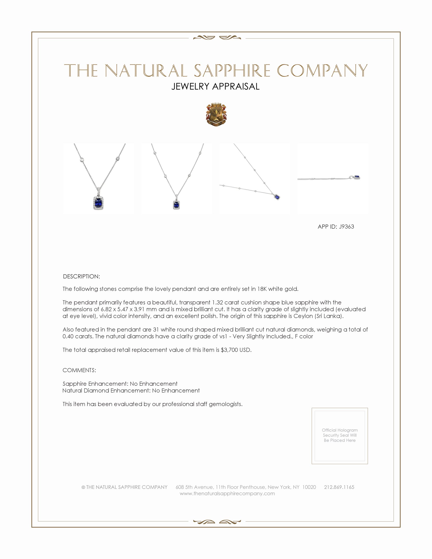 1.32 Ct. Blue Sapphire and Natural Diamond Pave Pendant, 18K White Gold