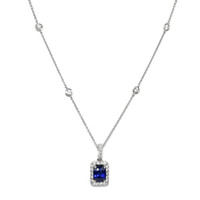 1.32 Ct. Blue Sapphire and Natural Diamond Pave Pendant, 18K White Gold Image