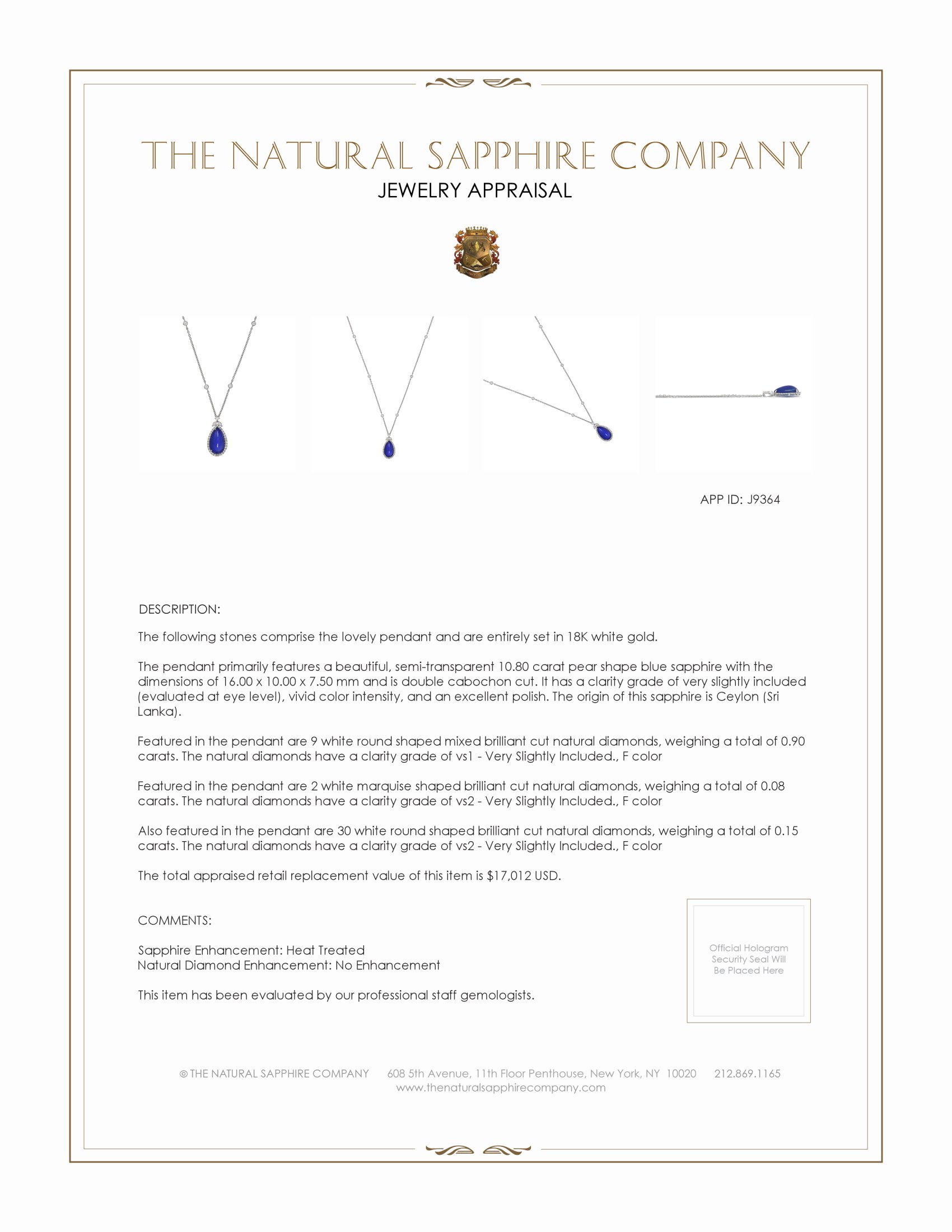 10.80 Ct. Blue Sapphire and Natural Diamond Pave Pendant, 18K White Gold