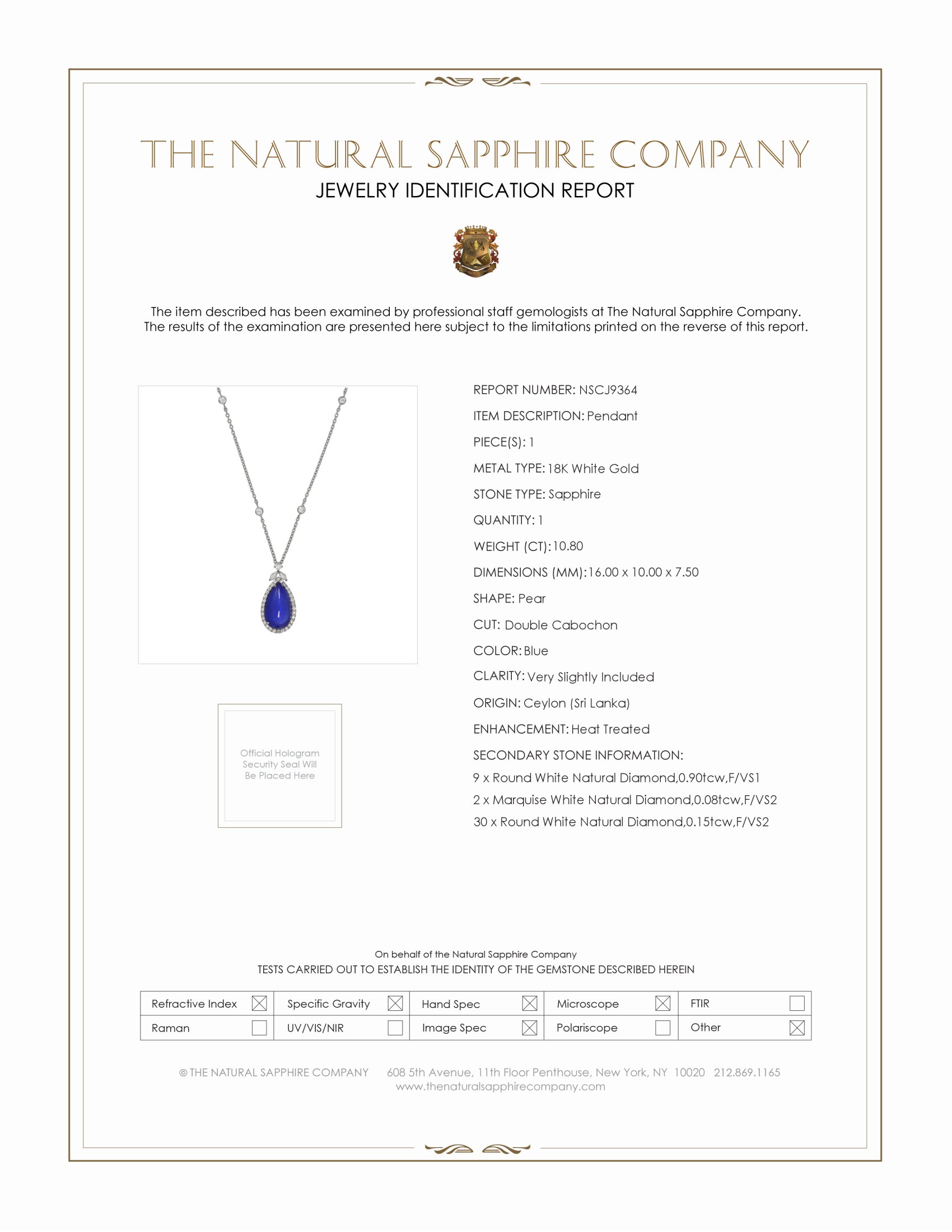 10.80 Ct. Blue Sapphire and Natural Diamond Pave Pendant, 18K White Gold