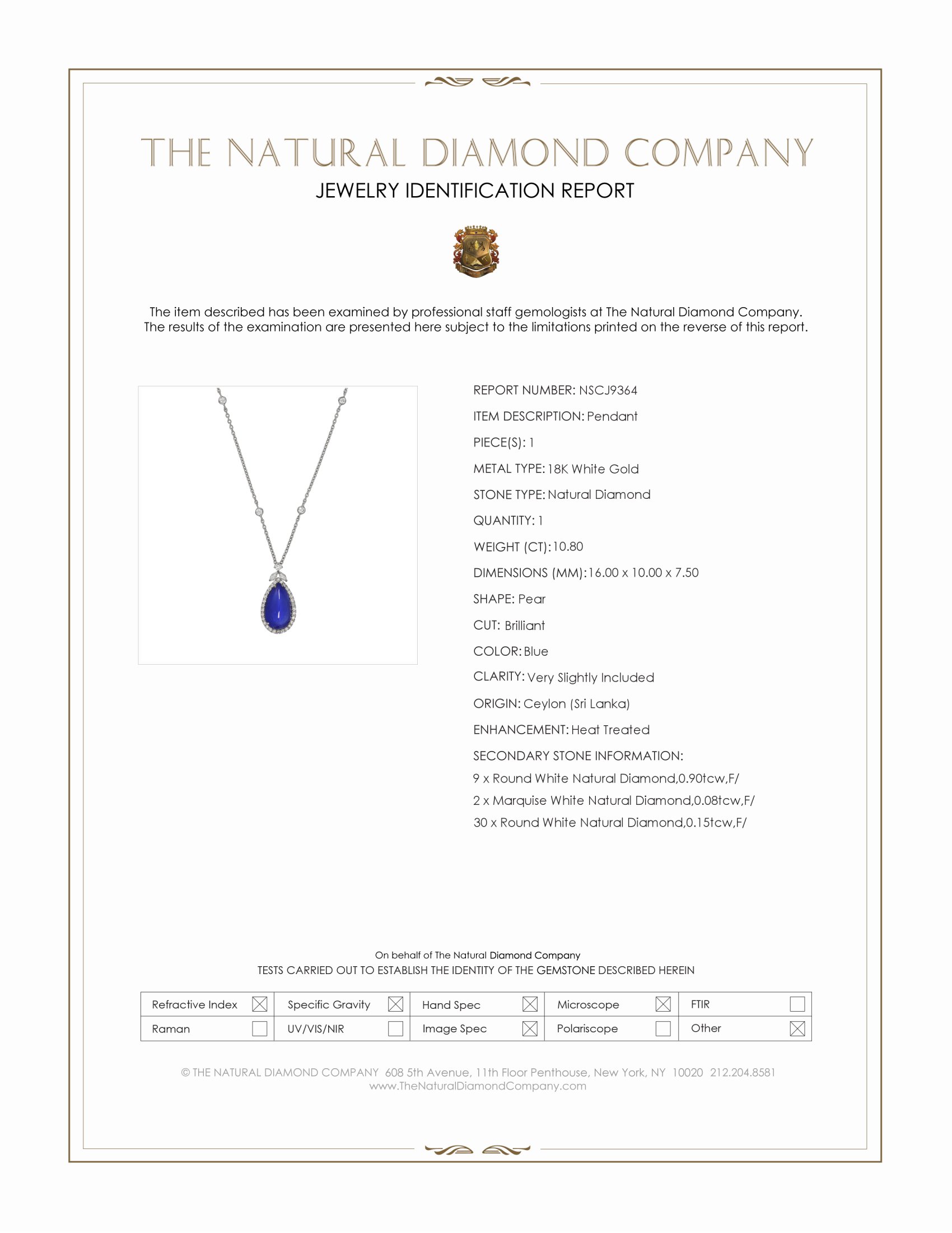 10.80 Ct. Blue Natural Diamond and Natural Diamond Pave Pendant, 18K White Gold