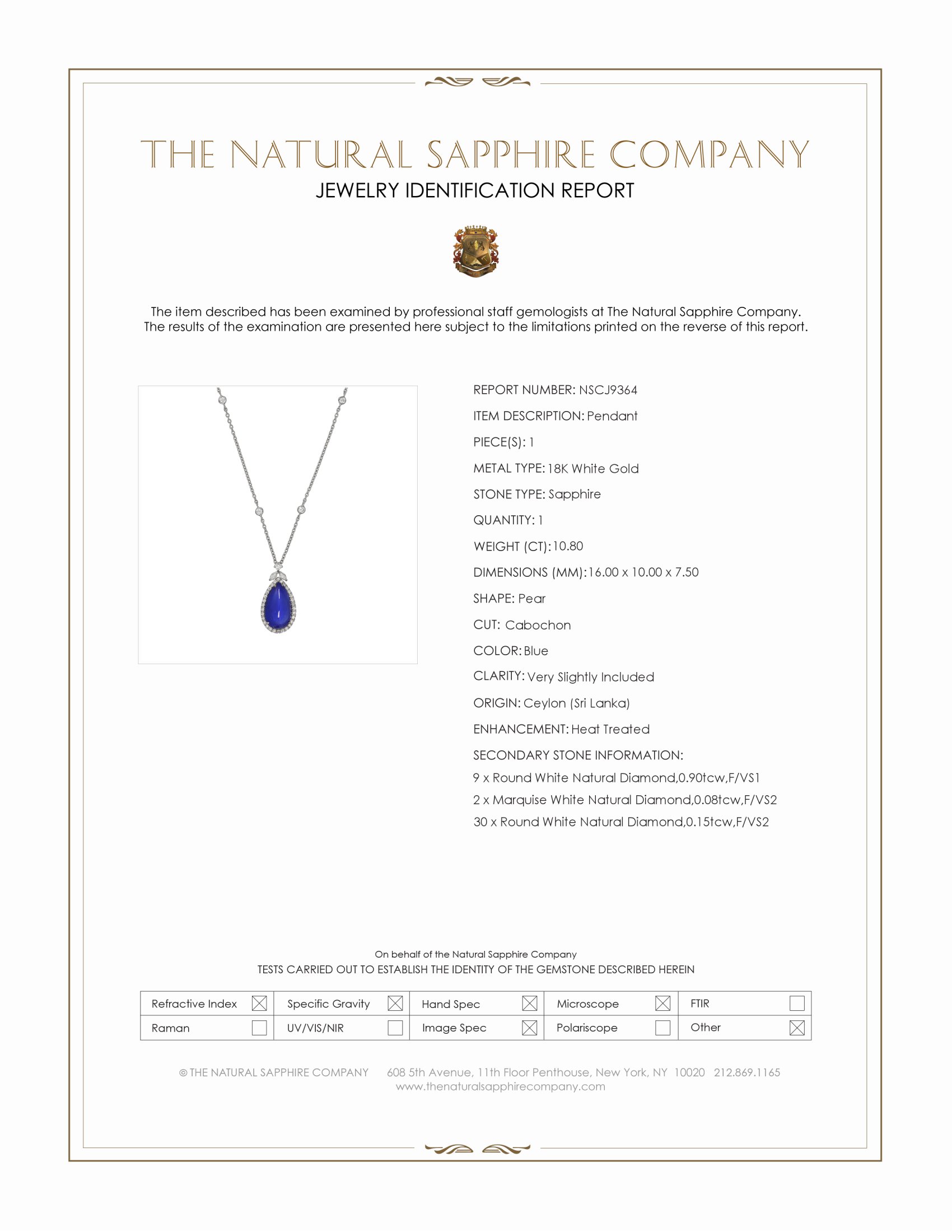 10.80 Ct. Blue Sapphire and Natural Diamond Pave Pendant, 18K White Gold