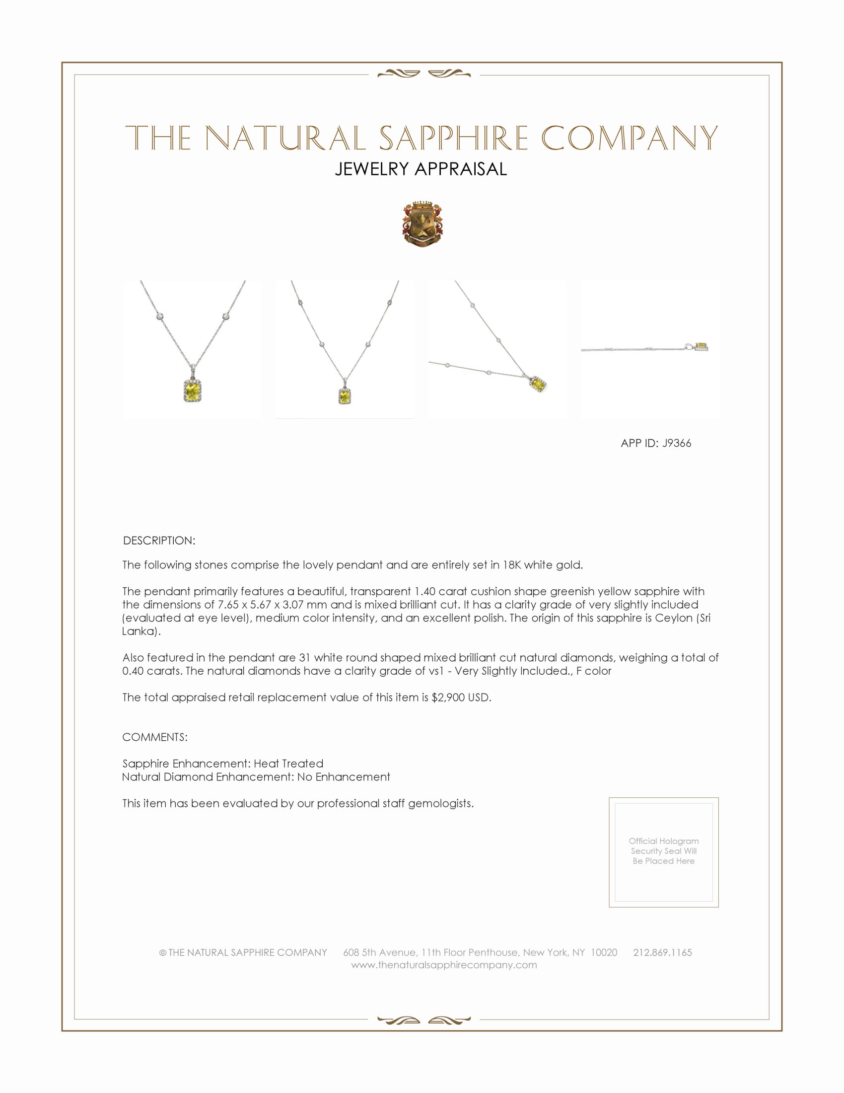 1.40 Ct. Greenish Yellow Sapphire and Natural Diamond Pave Pendant, 18K White Gold