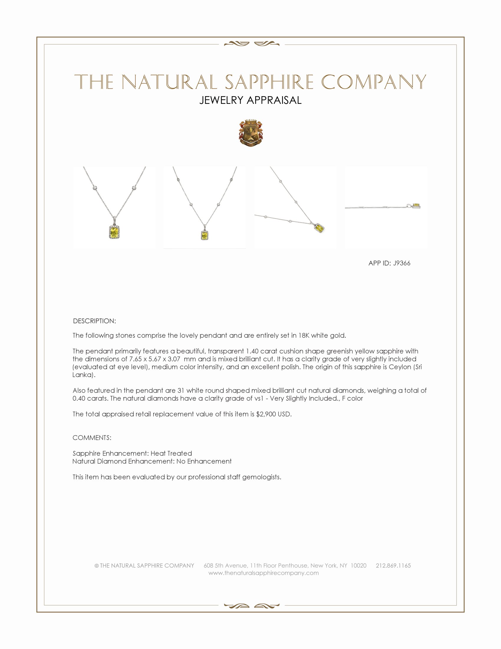 1.40 Ct. Greenish Yellow Sapphire and Natural Diamond Pave Pendant, 18K White Gold