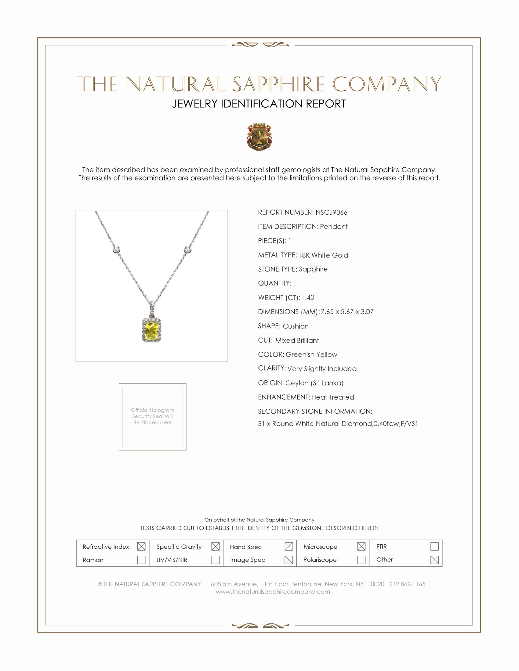 1.40 Ct. Greenish Yellow Sapphire and Natural Diamond Pave Pendant, 18K White Gold