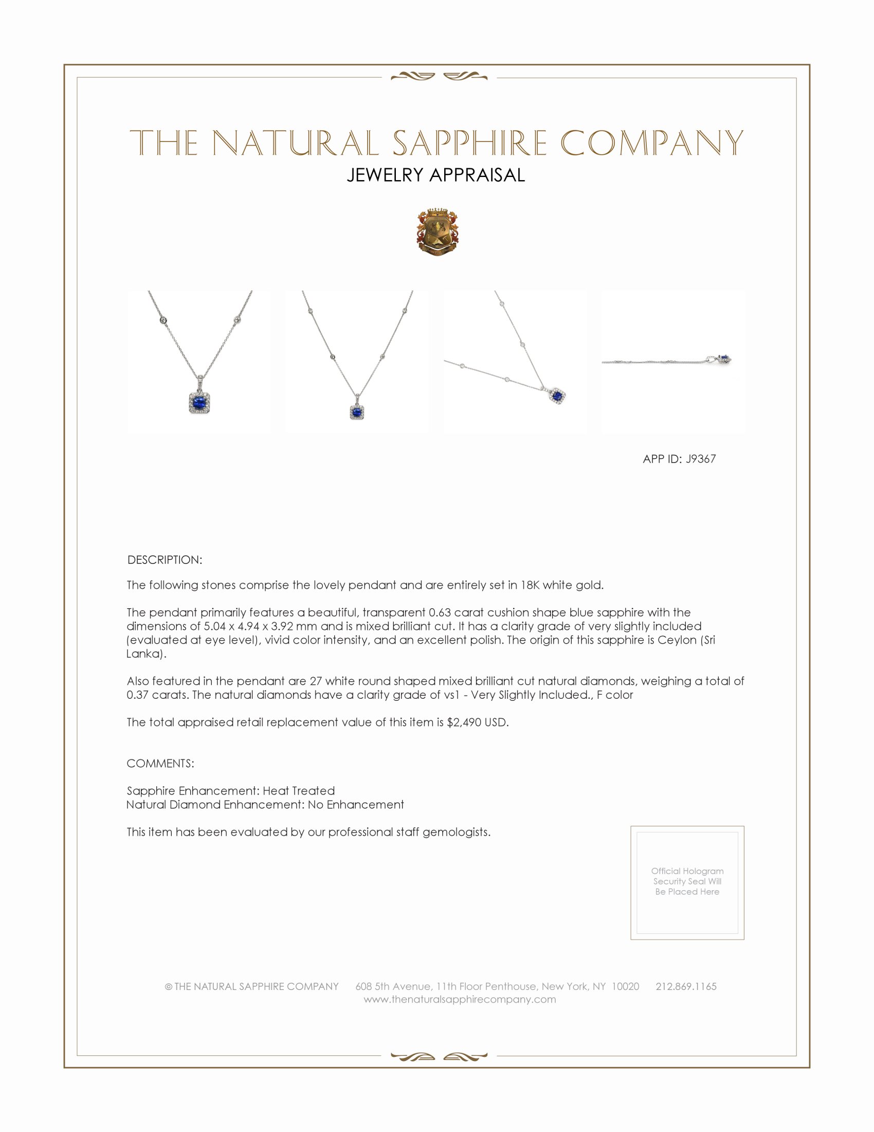 0.63 Ct. Blue Sapphire and Natural Diamond Pave Pendant, 18K White Gold