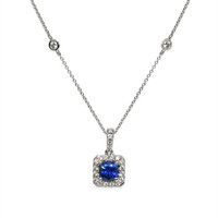 0.63 Ct. Blue Sapphire and Natural Diamond Pave Pendant, 18K White Gold Video