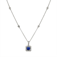 0.63 Ct. Blue Sapphire and Natural Diamond Pave Pendant, 18K White Gold Image