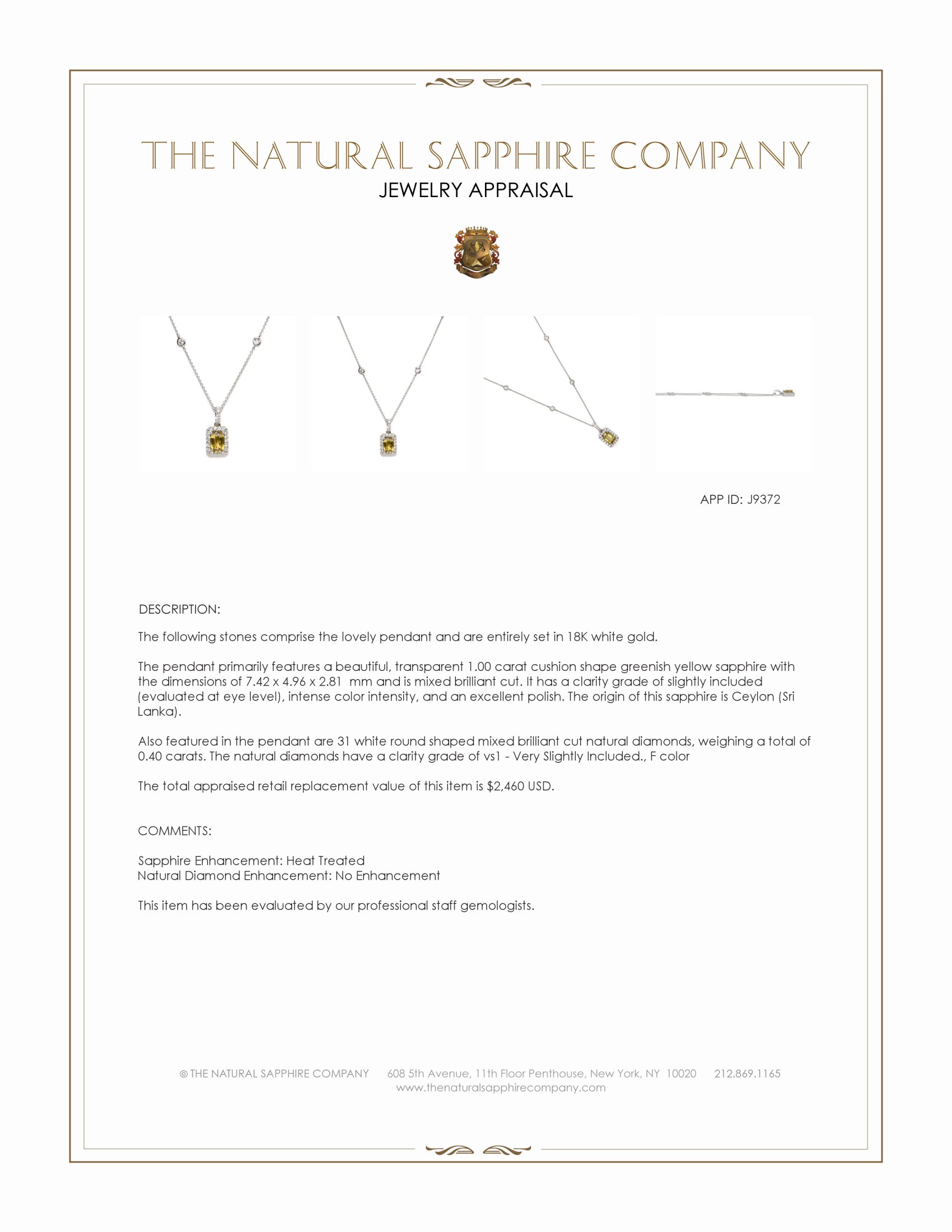 1.00 Ct. Greenish Yellow Sapphire and Natural Diamond Pave Pendant, 18K White Gold
