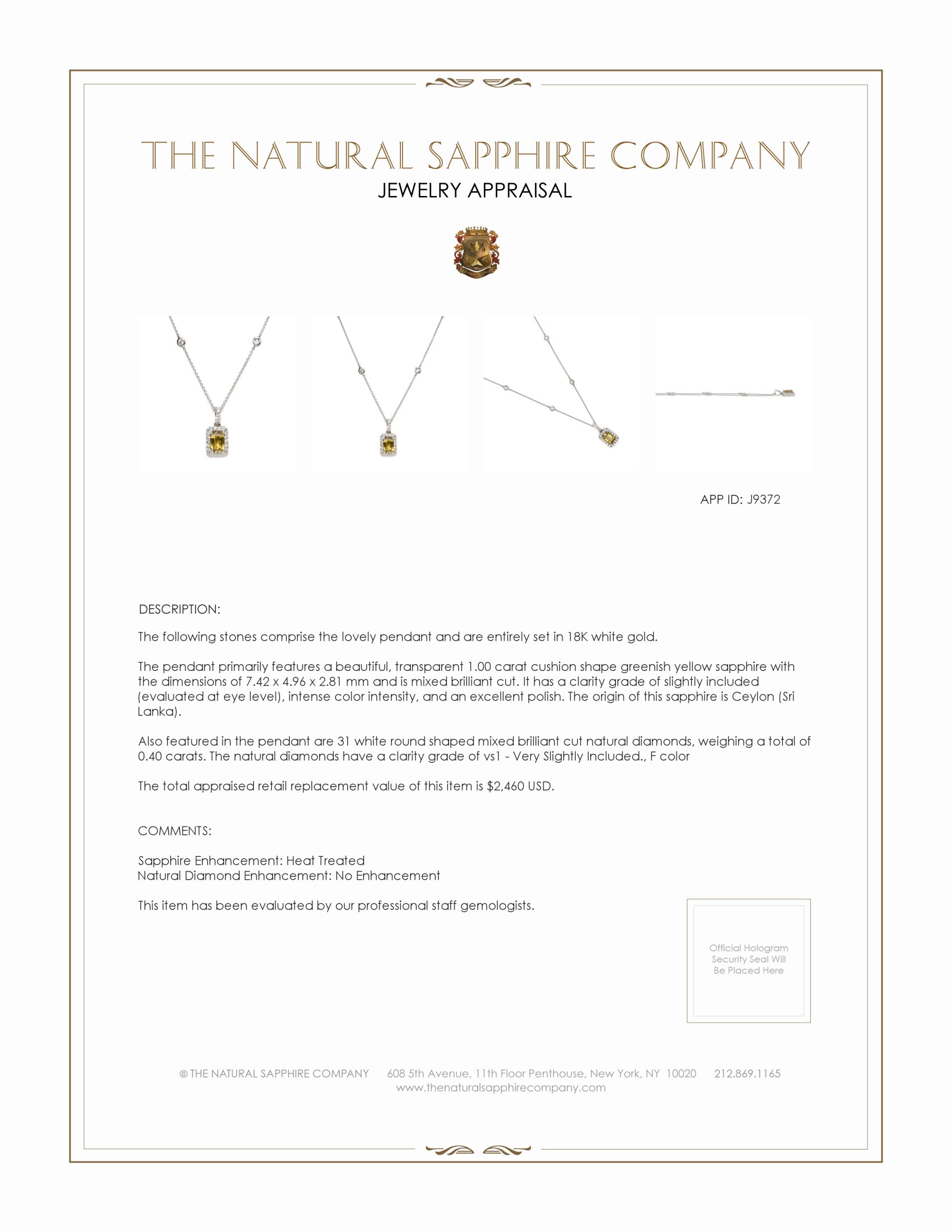 1.00 Ct. Greenish Yellow Sapphire and Natural Diamond Pave Pendant, 18K White Gold