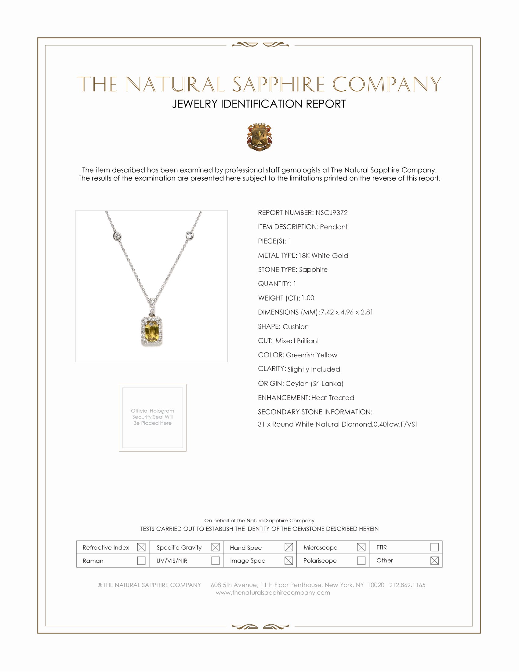 1.00 Ct. Greenish Yellow Sapphire and Natural Diamond Pave Pendant, 18K White Gold