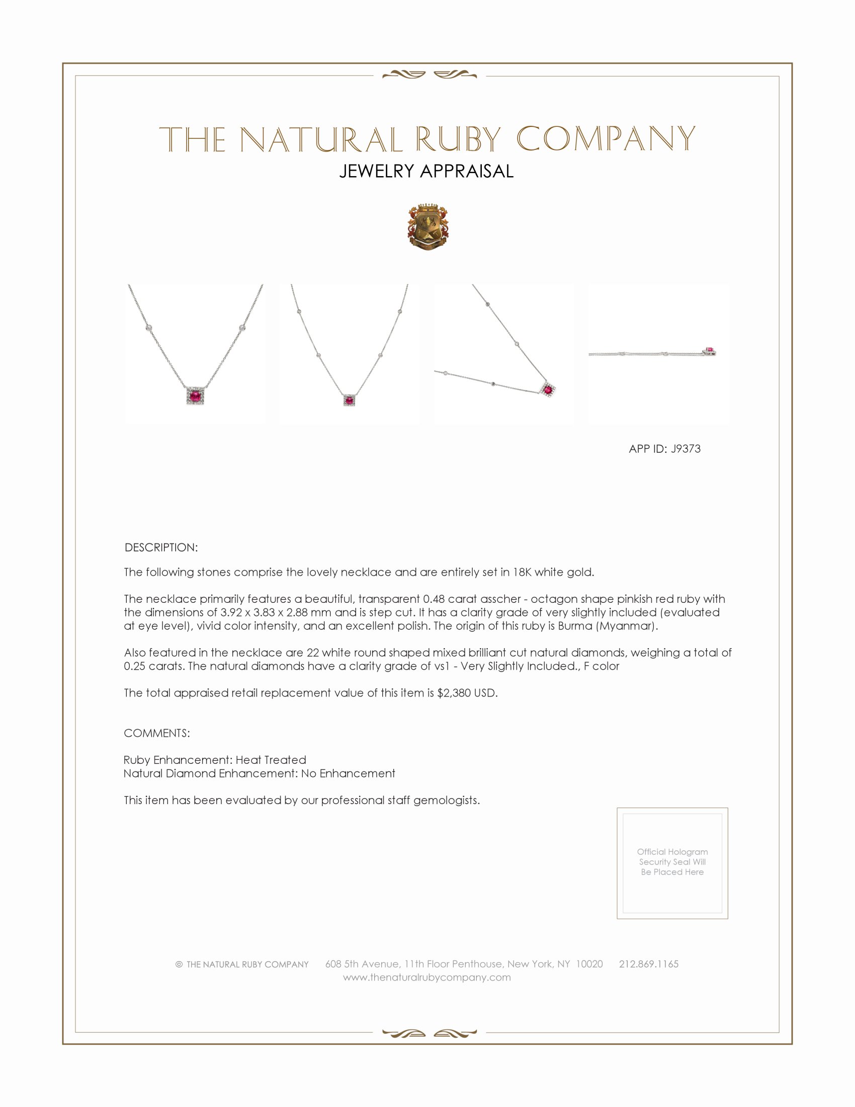 0.48 Ct. Pinkish Red Ruby and Natural Diamond Halo Necklace, 18K White Gold