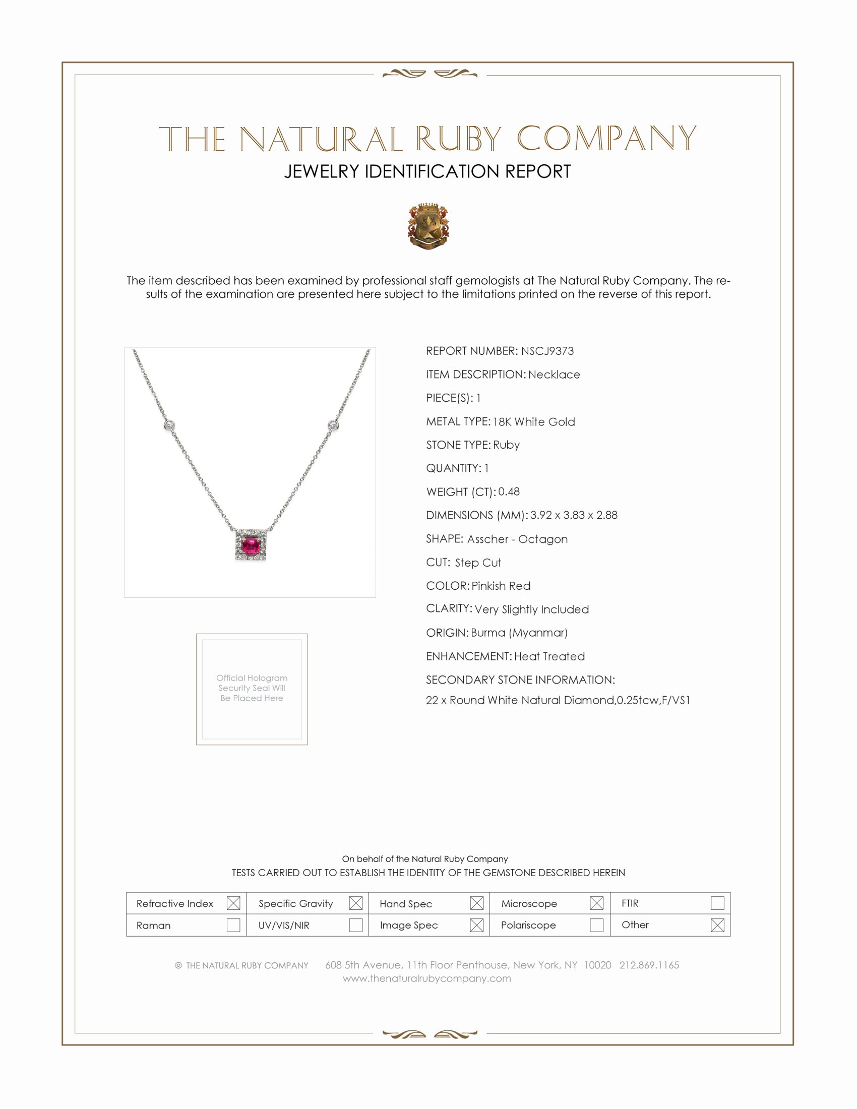 0.48 Ct. Pinkish Red Ruby and Natural Diamond Halo Necklace, 18K White Gold