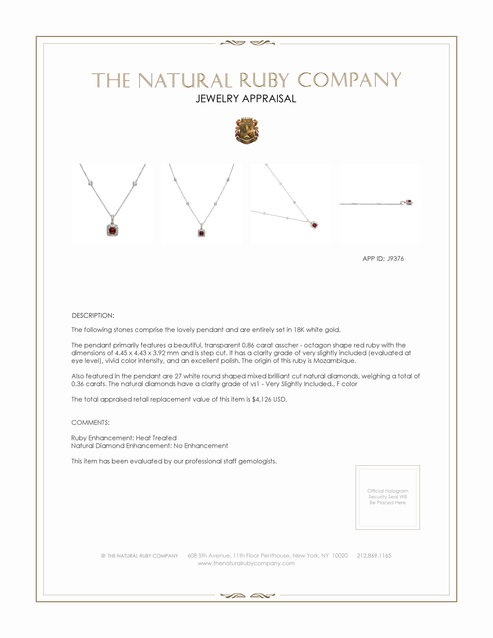 0.86 Ct. Ruby and Natural Diamond Pave Pendant, 18K White Gold